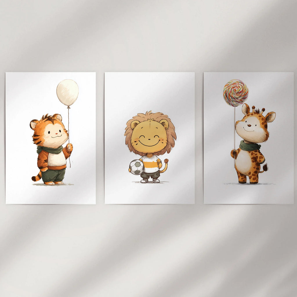 Woodland Jungle Set of 3 Prints. Lion, Giraffe, Tiger Art