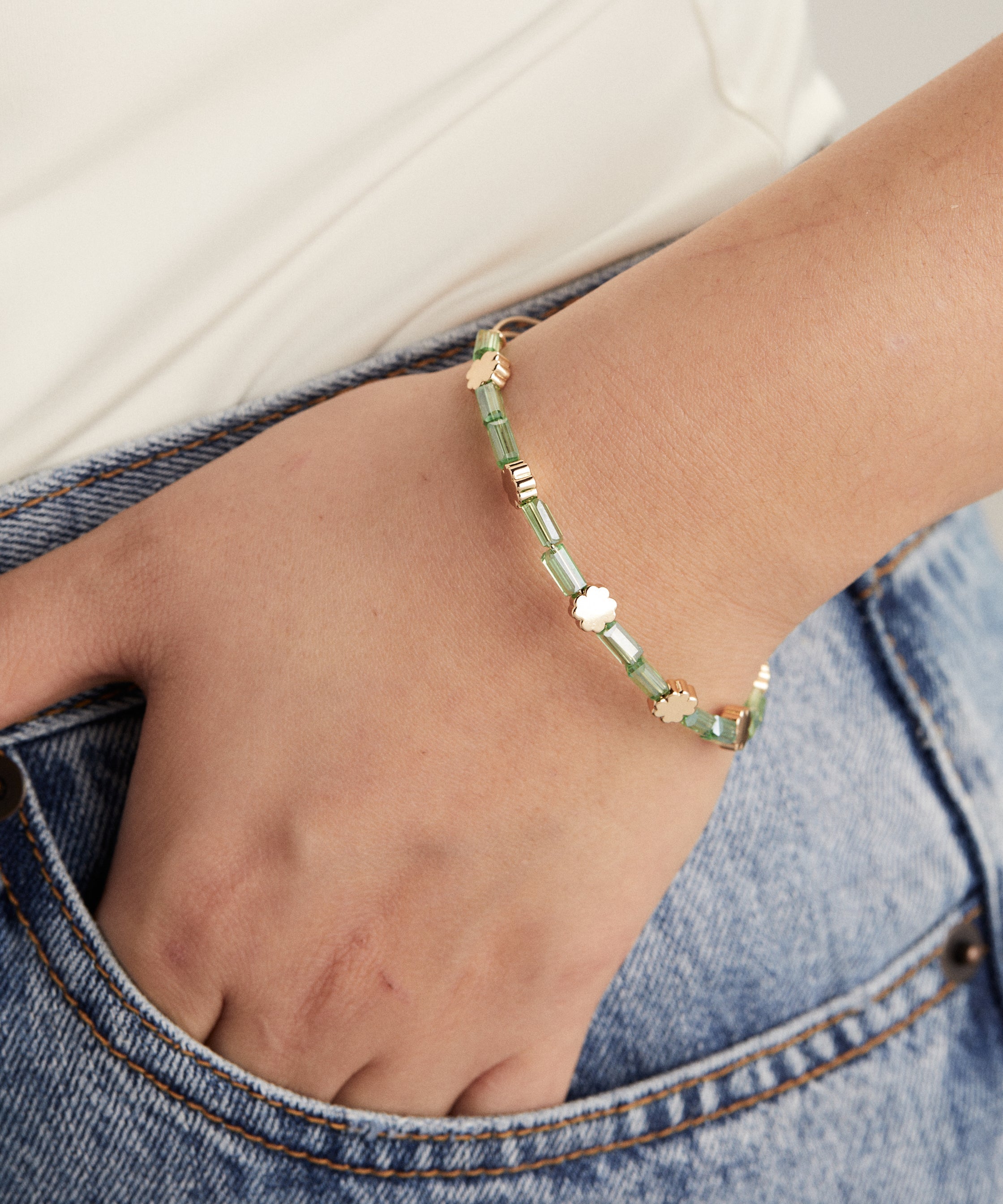 Clover + Crystal Accent Beaded Bangle Bracelet