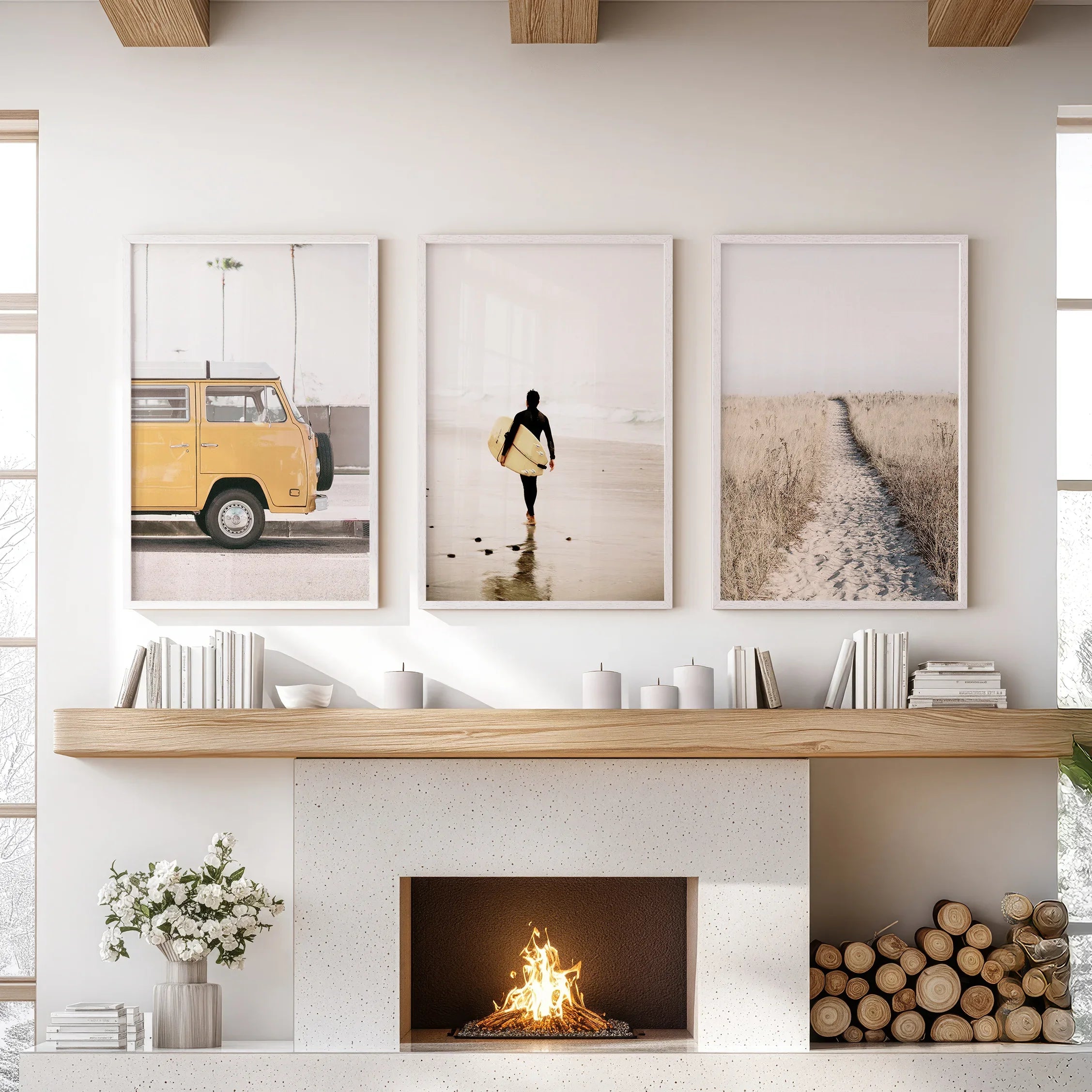 California Beach Set of 3 Prints. Surfer, Retro Van Decor