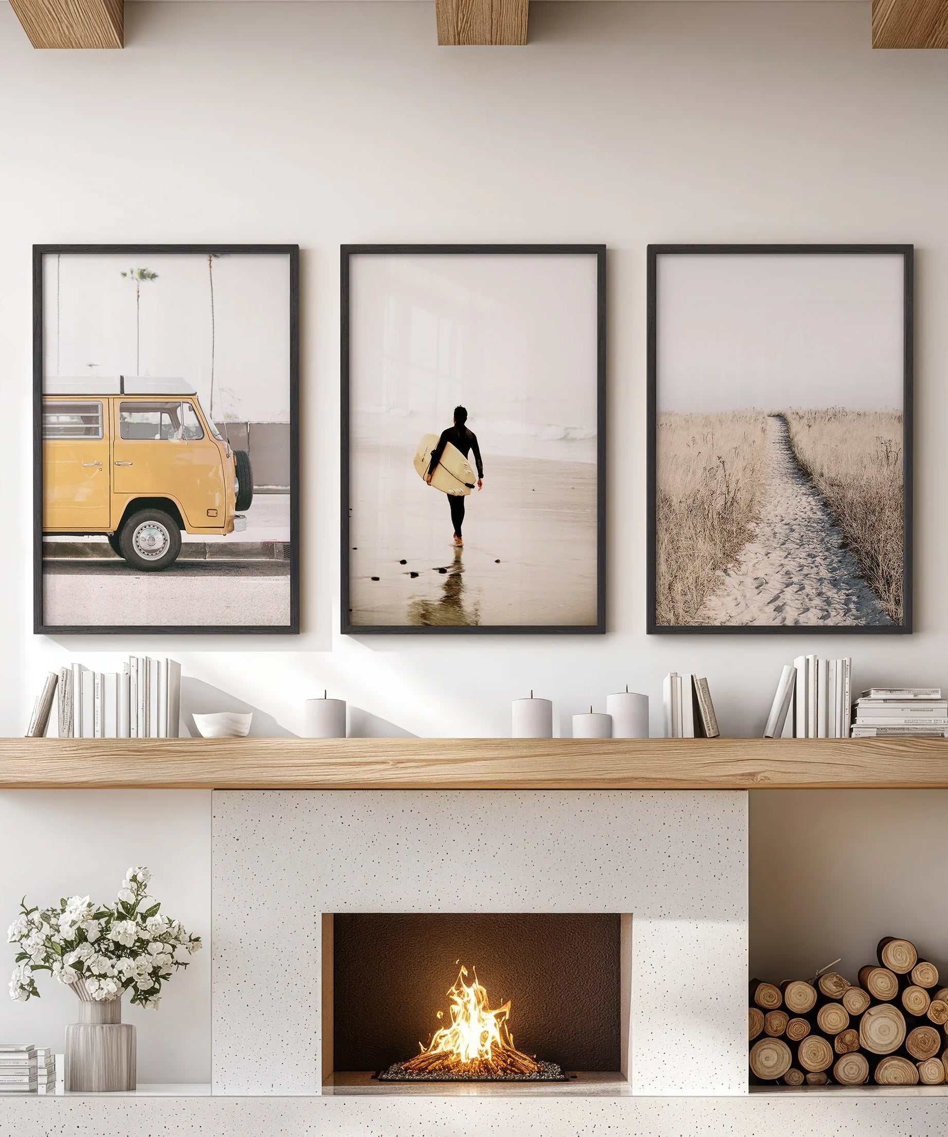 California Beach Set of 3 Prints. Surfer, Retro Van Decor
