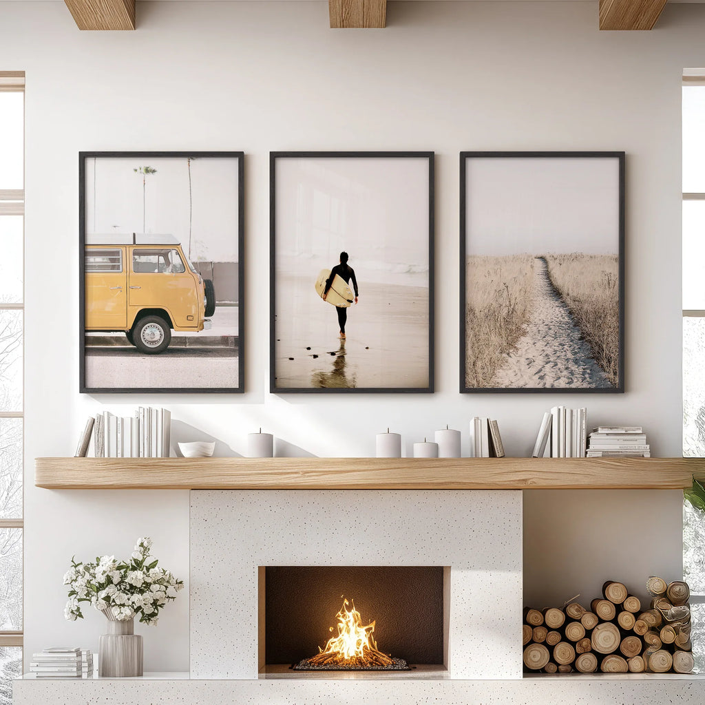 California Beach Set of 3 Prints. Surfer, Retro Van Decor