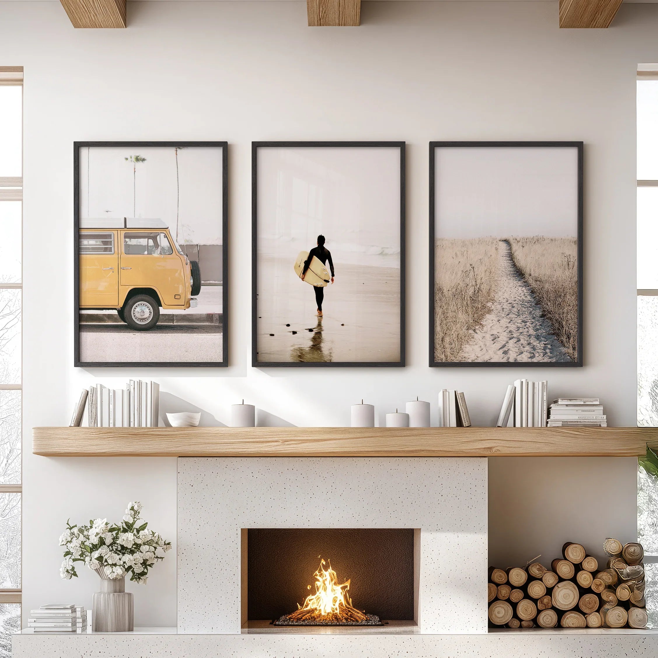 California Beach Set of 3 Prints. Surfer, Retro Van Decor