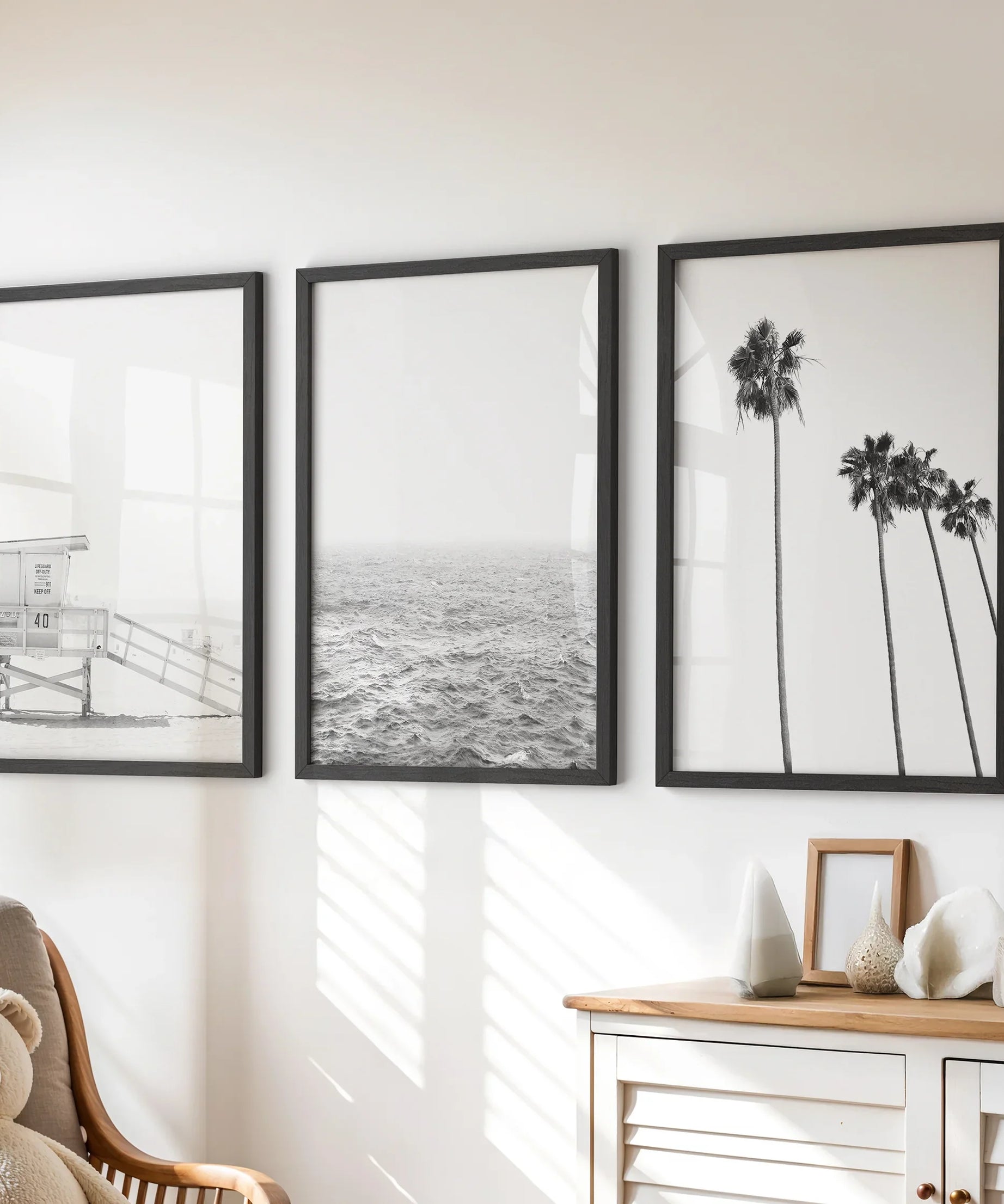 Black White Coastal Wall Art Set: Palms, Ocean, Lifeguard