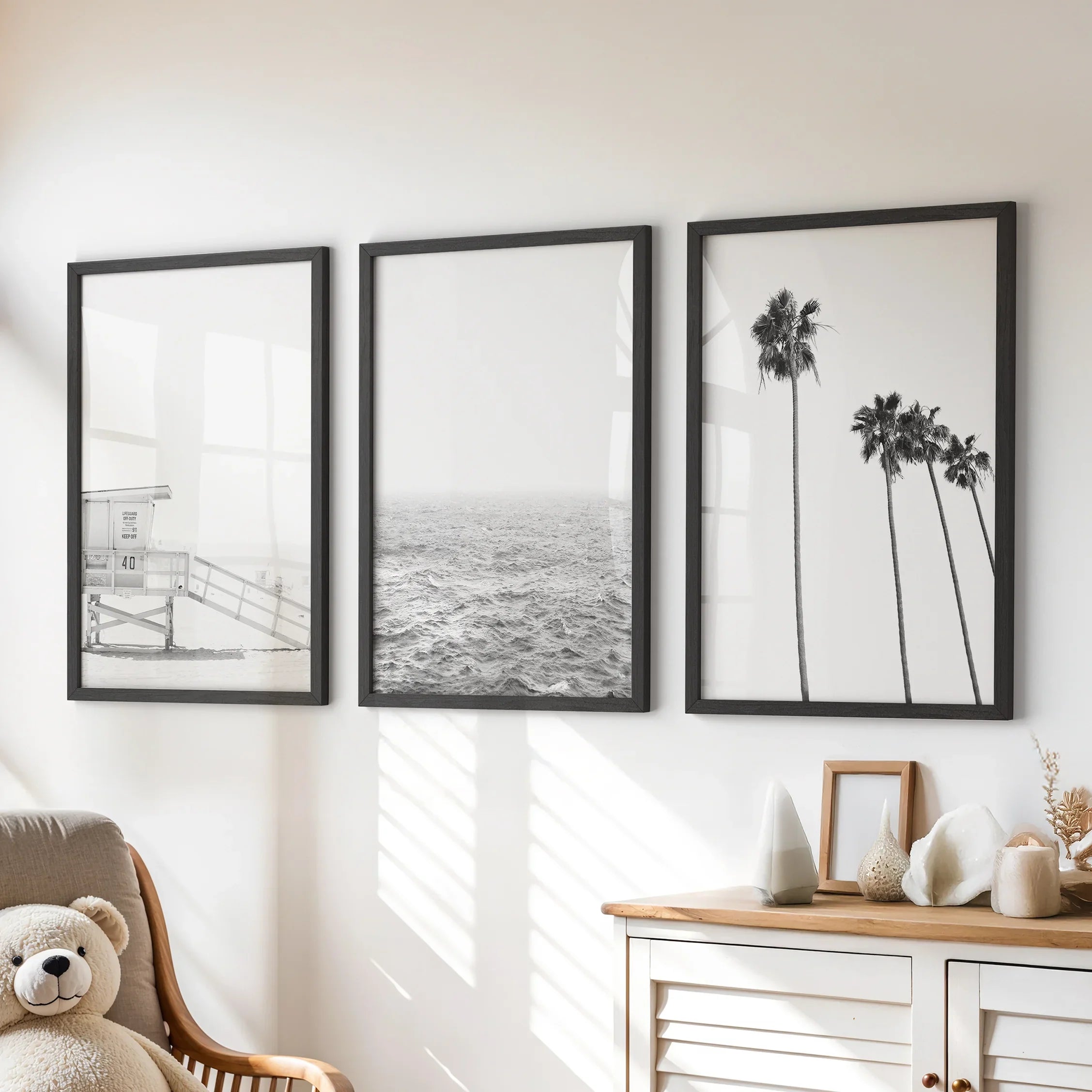 Black White Coastal Wall Art Set: Palms, Ocean, Lifeguard