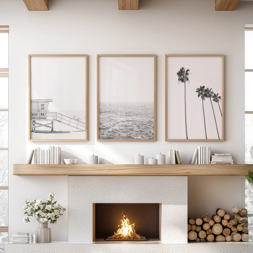 Black White Coastal Wall Art Set: Palms, Ocean, Lifeguard
