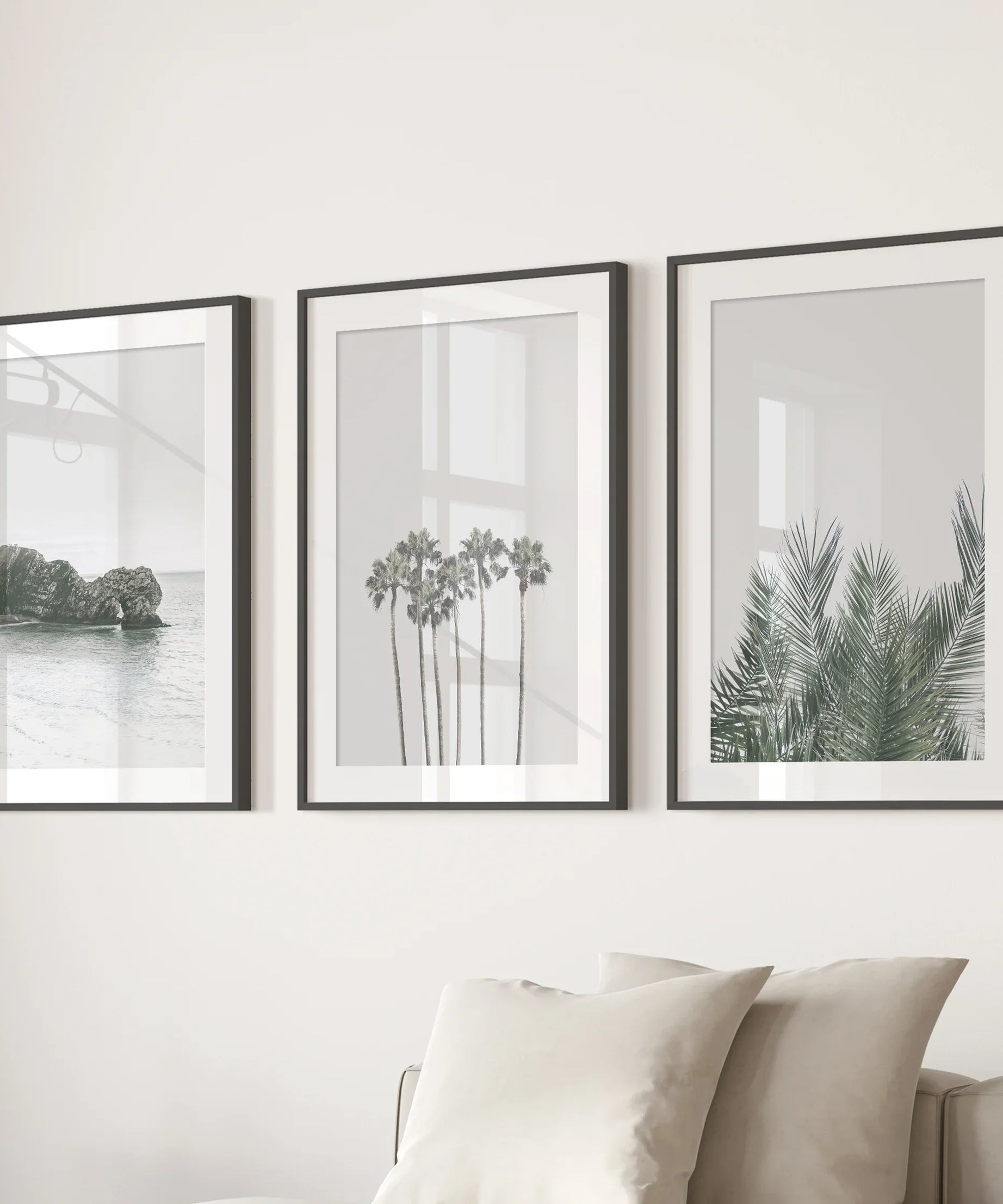 Modern Coastal Wall Art. Ocean Rock, Palms, Tropical Leaf