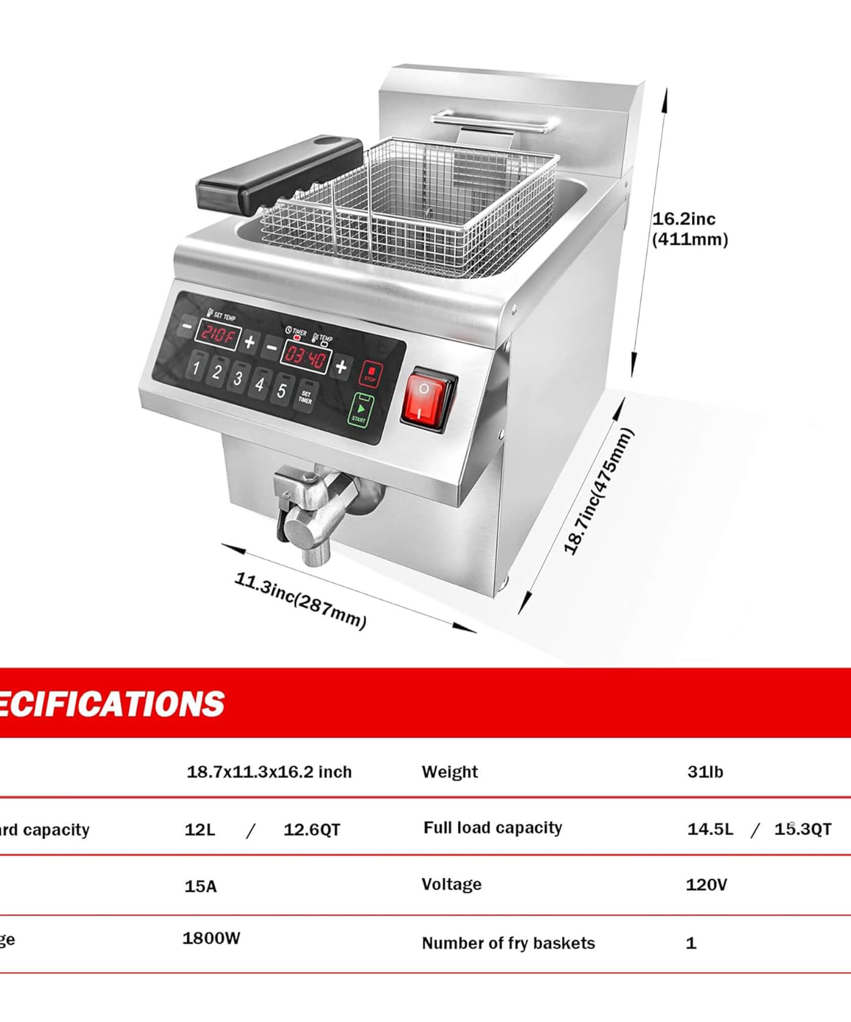 Commercial 12.6 QT 1800W Electric Induction Deep Fryer With Timer (SAK15870)