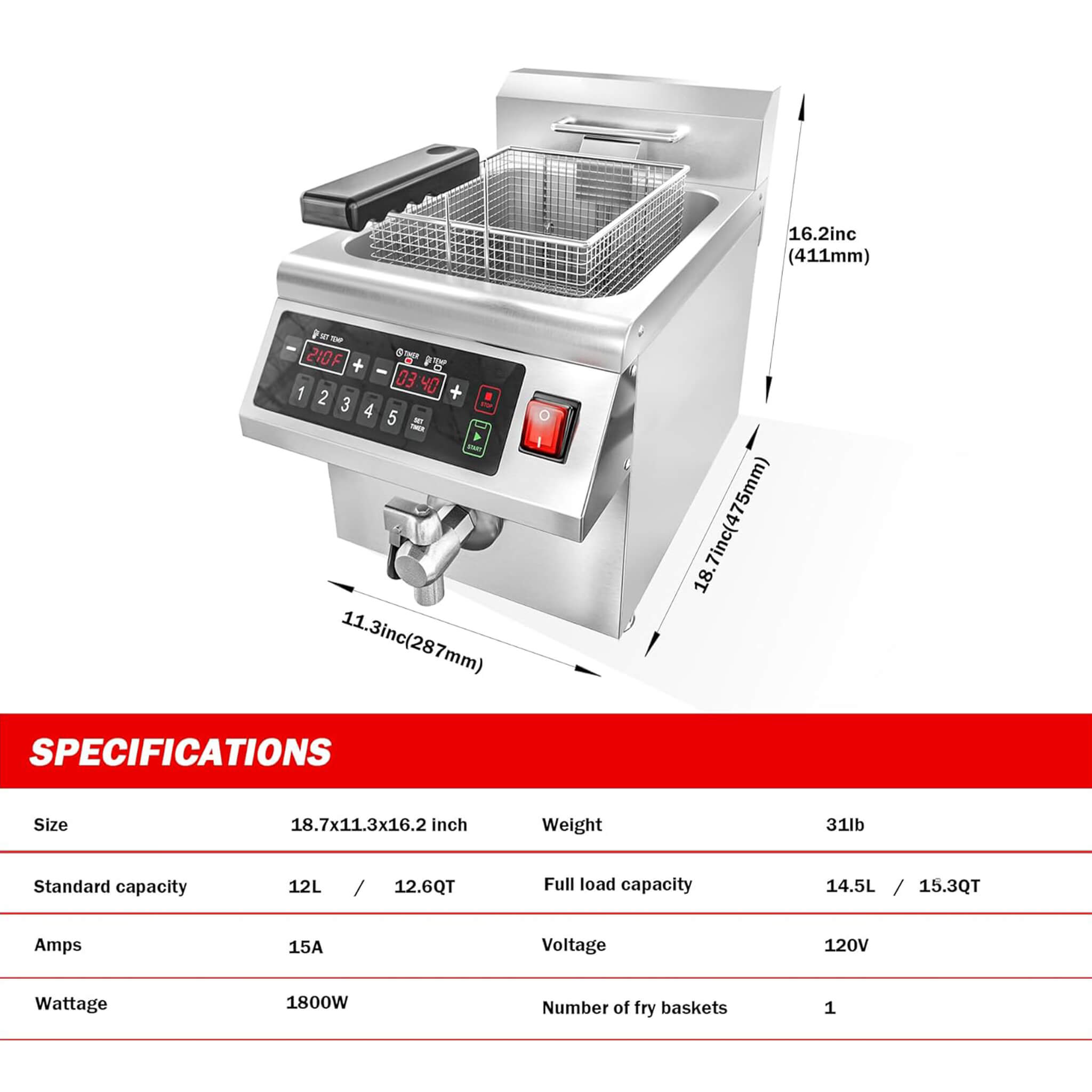 Commercial 12.6 QT 1800W Electric Induction Deep Fryer With Timer (SAK15870)
