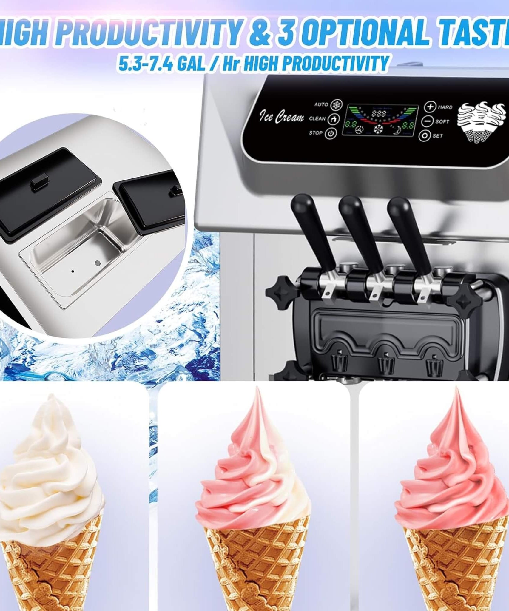 Commercial 2200W 3-Flavor Freestanding Soft Serve Ice Cream Machine With Auto Clean (SAK83517)