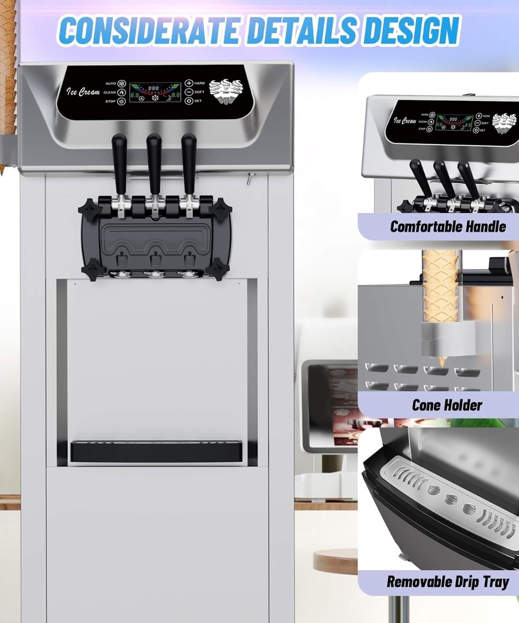 Commercial 2200W 3-Flavor Freestanding Soft Serve Ice Cream Machine With Auto Clean (SAK83517)