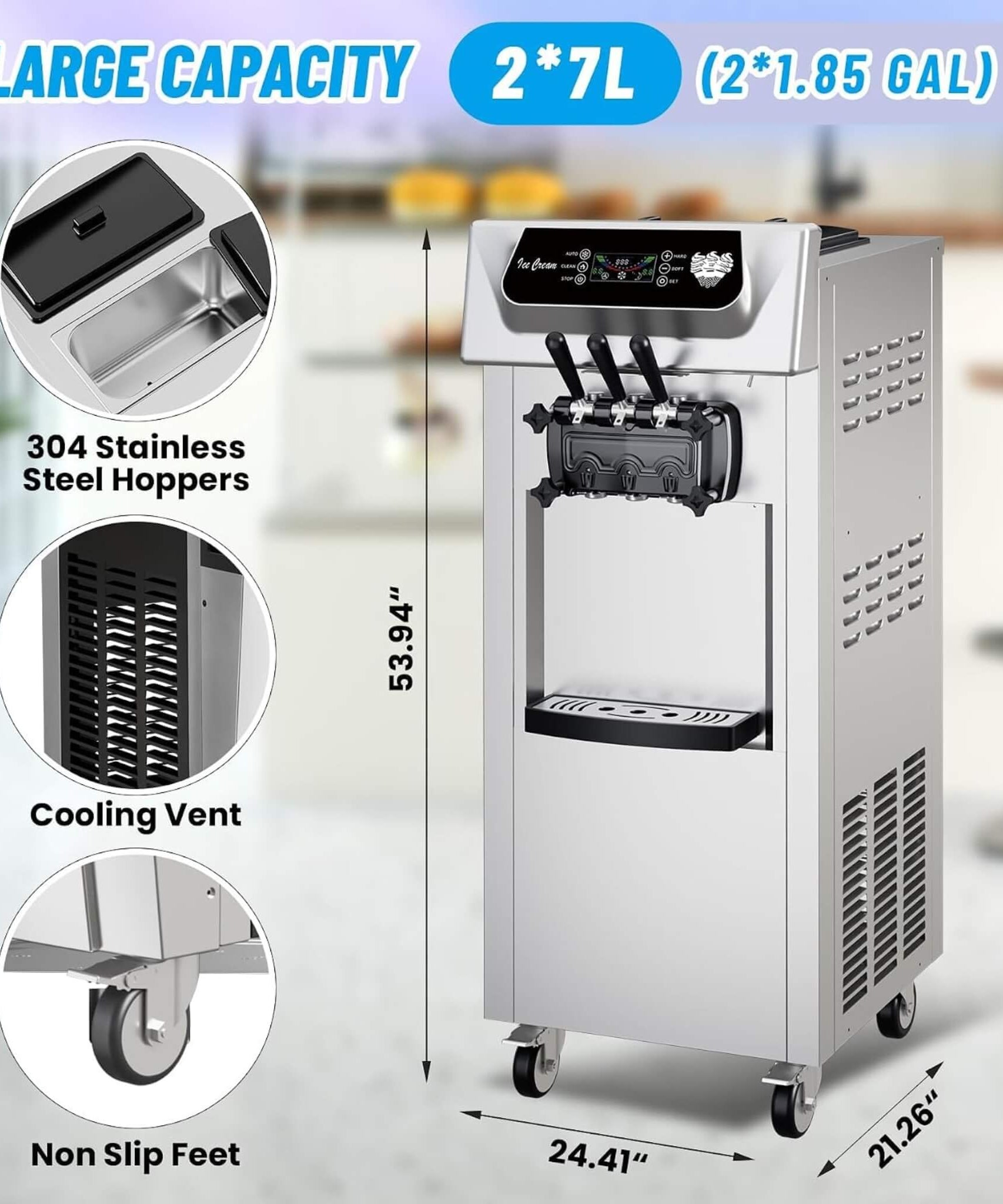 Commercial 2200W 3-Flavor Freestanding Soft Serve Ice Cream Machine With Auto Clean (SAK83517)
