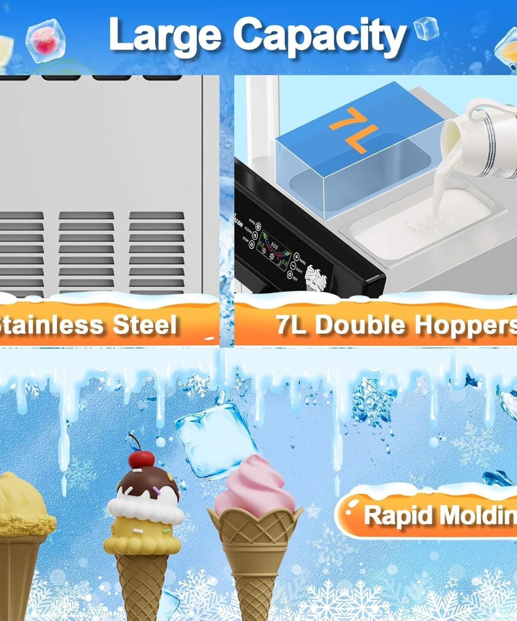 Commercial 2200W 3-Flavor Freestanding Soft Serve Ice Cream Machine With Auto Clean (SAK83517)