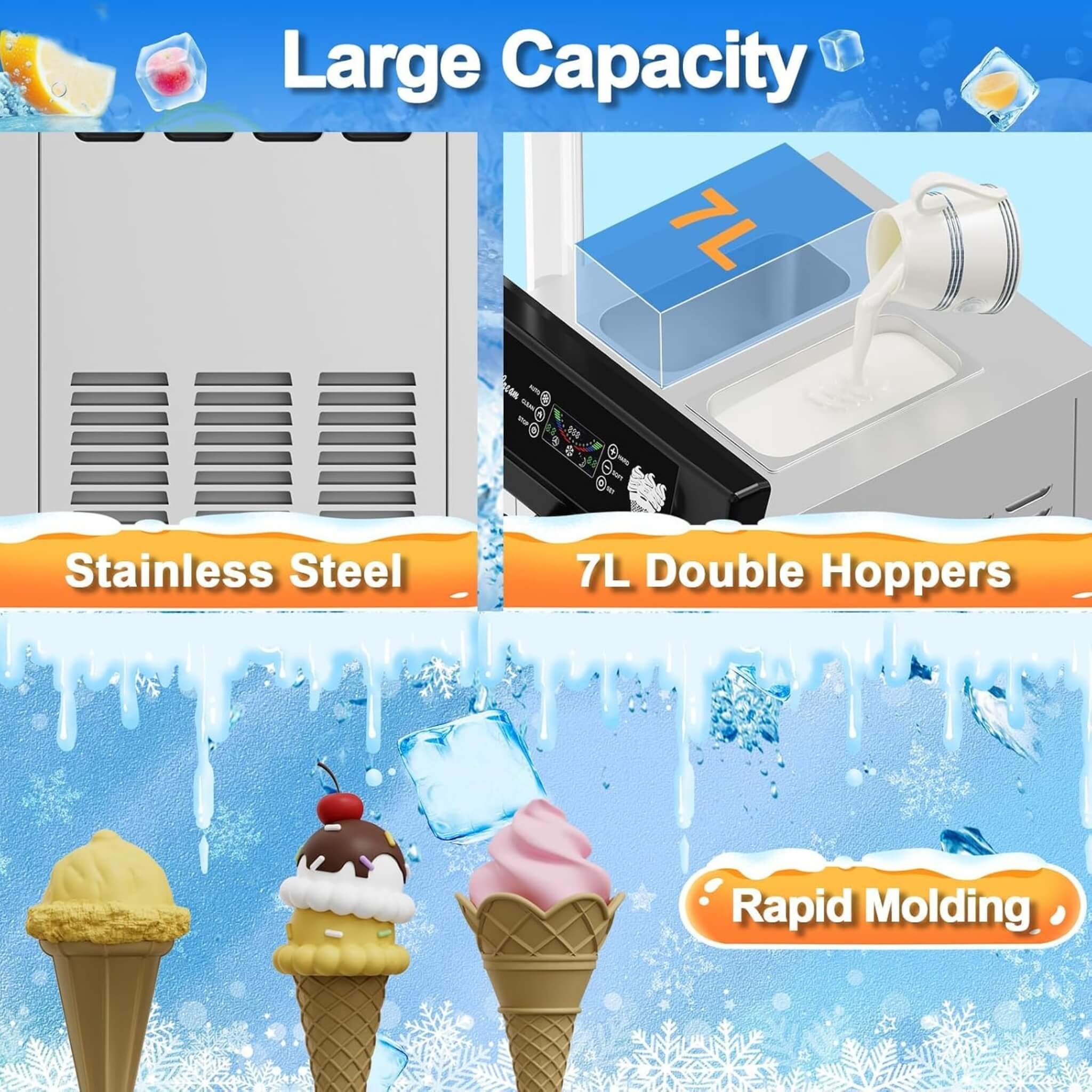 Commercial 2200W 3-Flavor Freestanding Soft Serve Ice Cream Machine With Auto Clean (SAK83517)