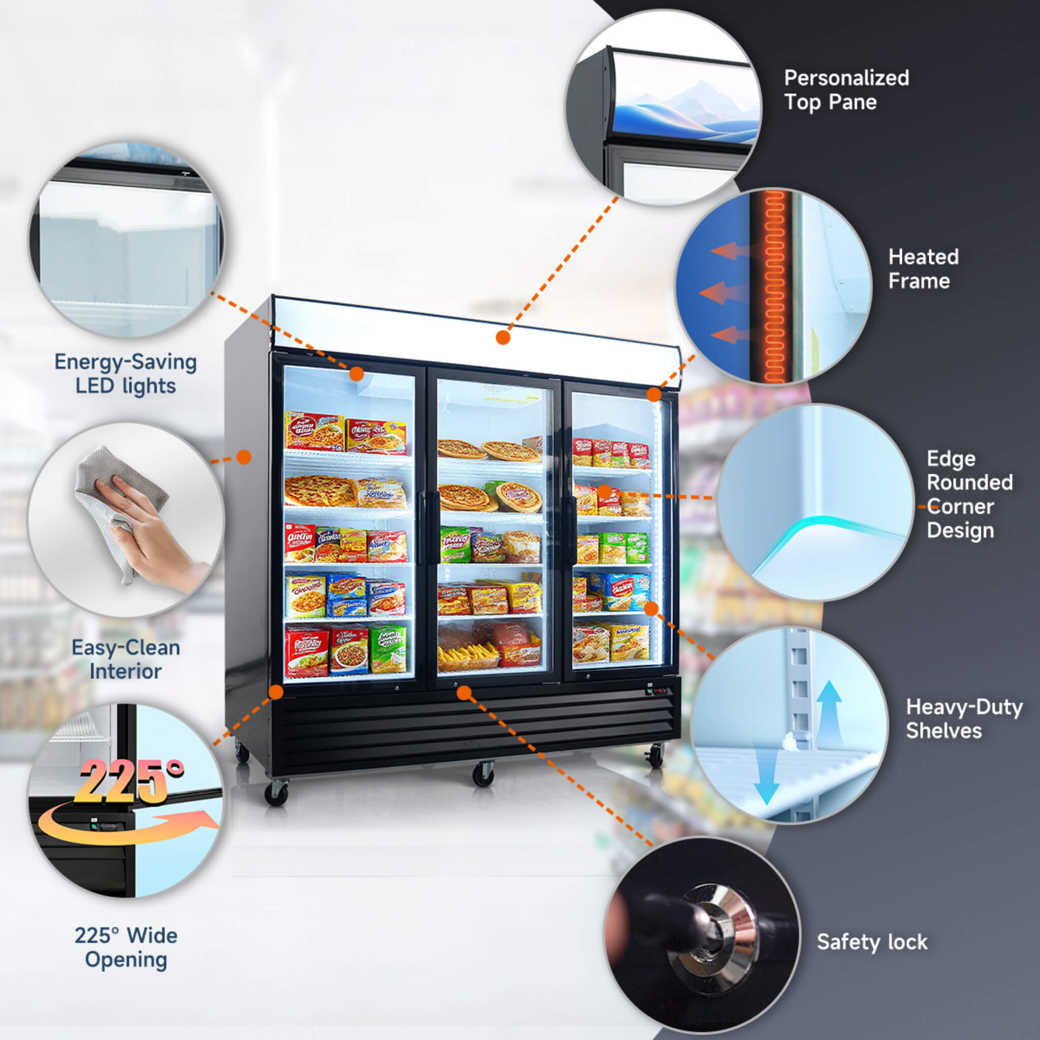Commercial 70 Cu.Ft Reach-In Glass Door Merchandiser Freezer With LED Top Panel And Swing Door (SAK43890)