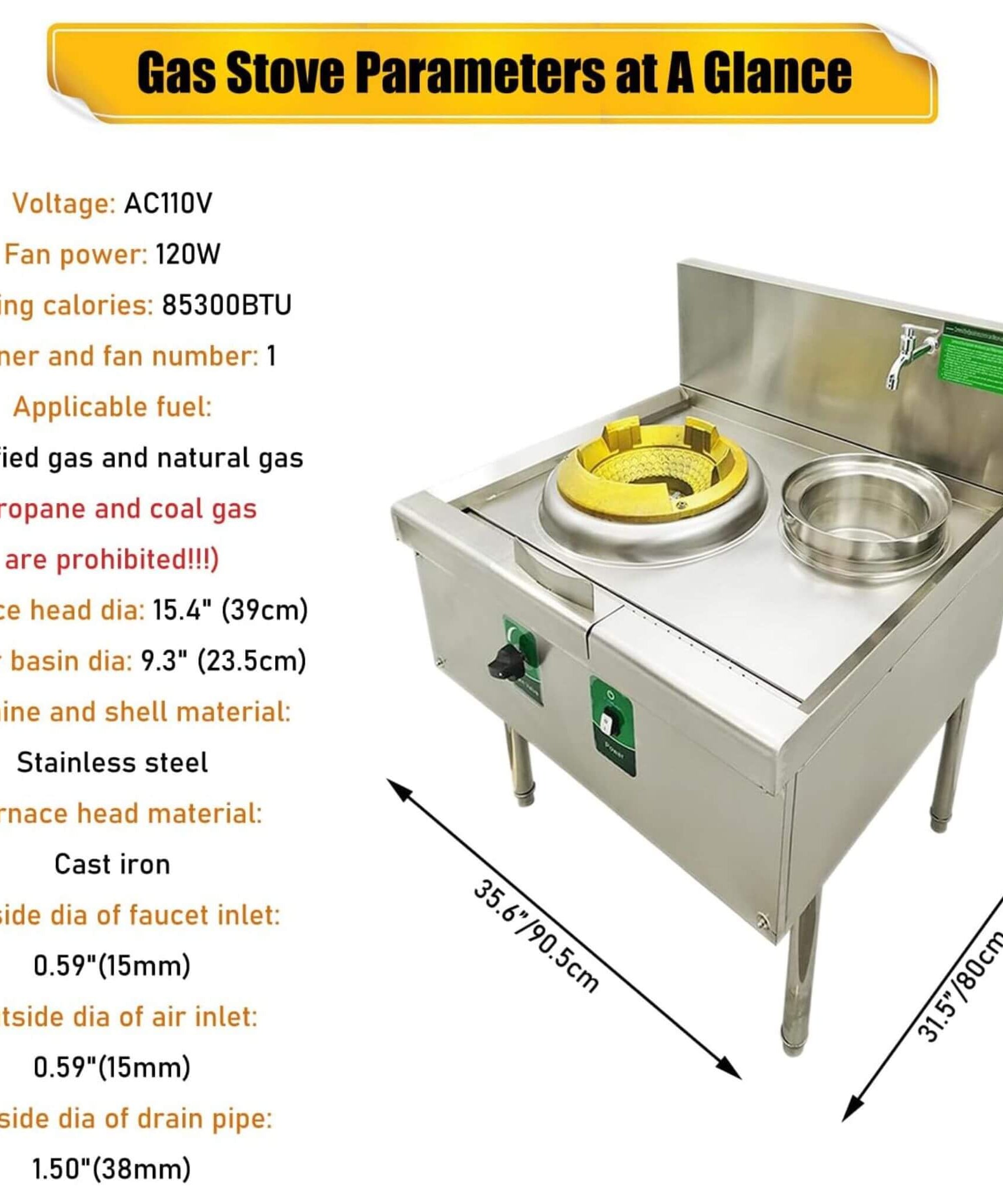 Commercial 85300 BTU Stainless Steel Single-Burner LPG NG Wok Stove (SAK46827)