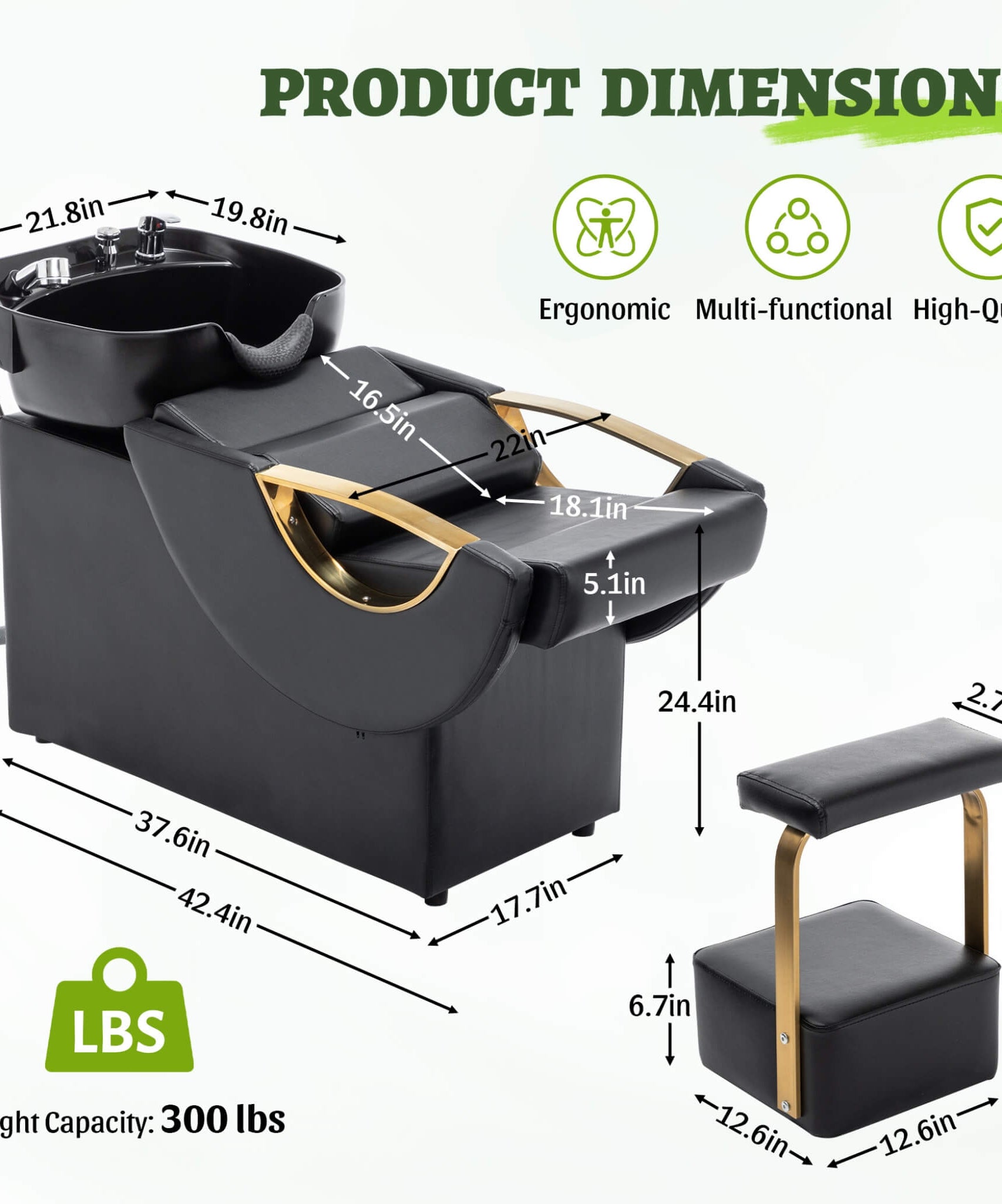 Commercial Black And Gold Shampoo Bowl Chair Set With Footrest (SAK43716)