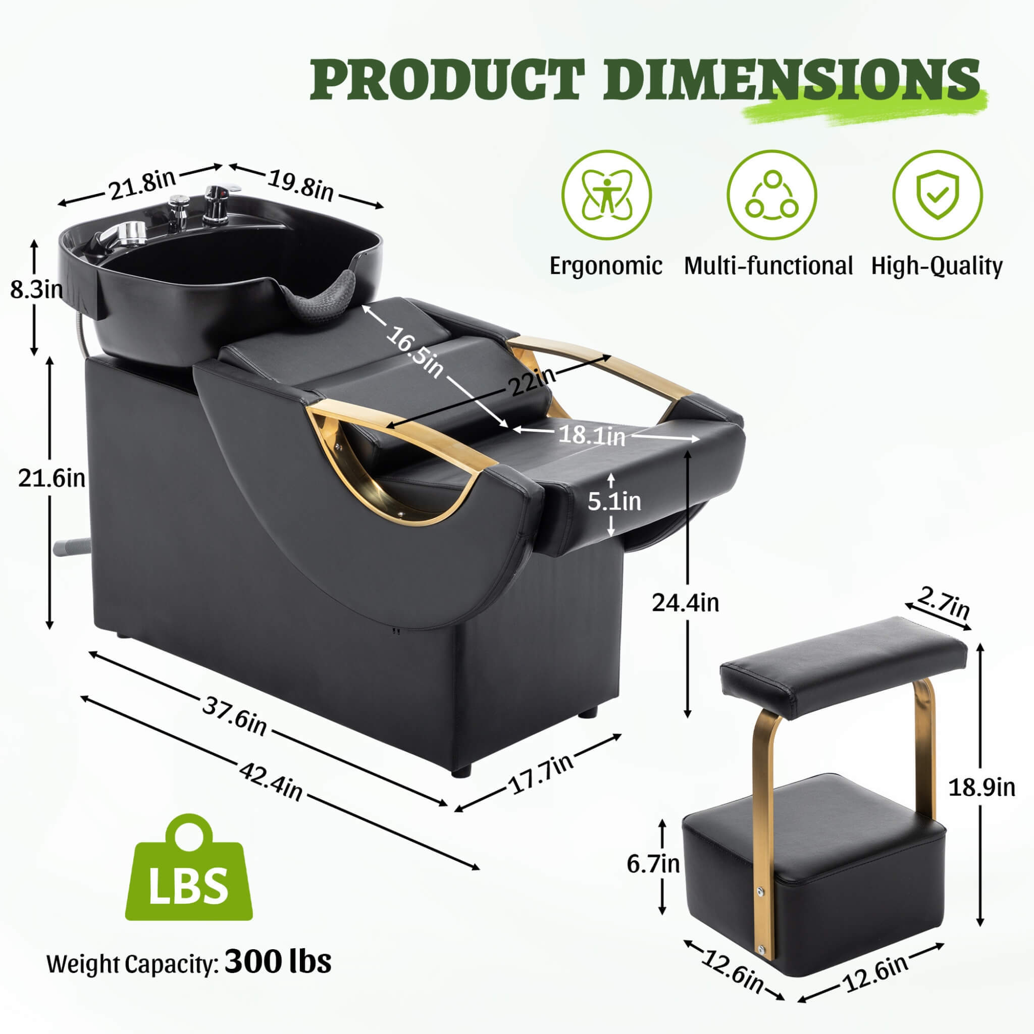 Commercial Black And Gold Shampoo Bowl Chair Set With Footrest (SAK43716)