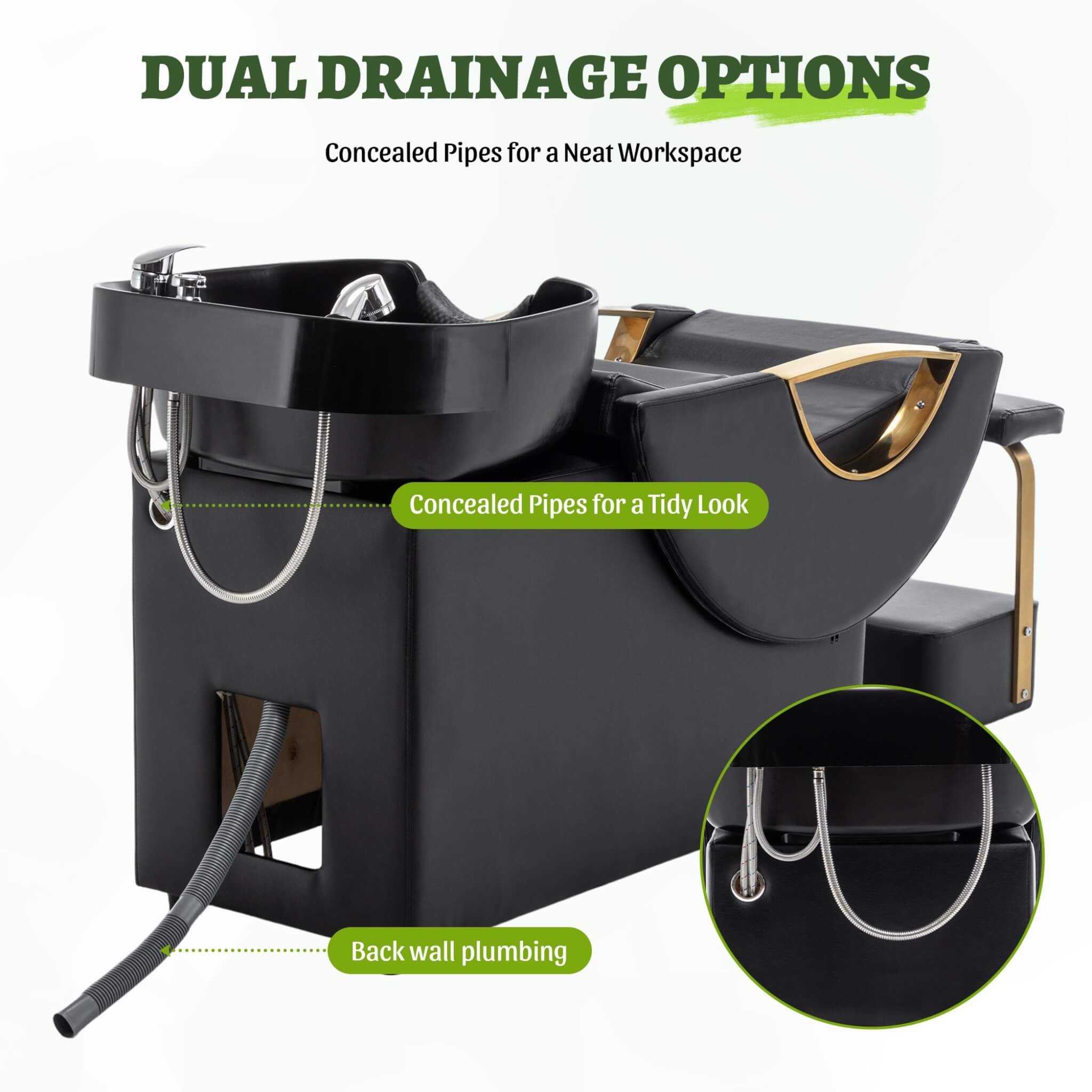 Commercial Black And Gold Shampoo Bowl Chair Set With Footrest (SAK43716)