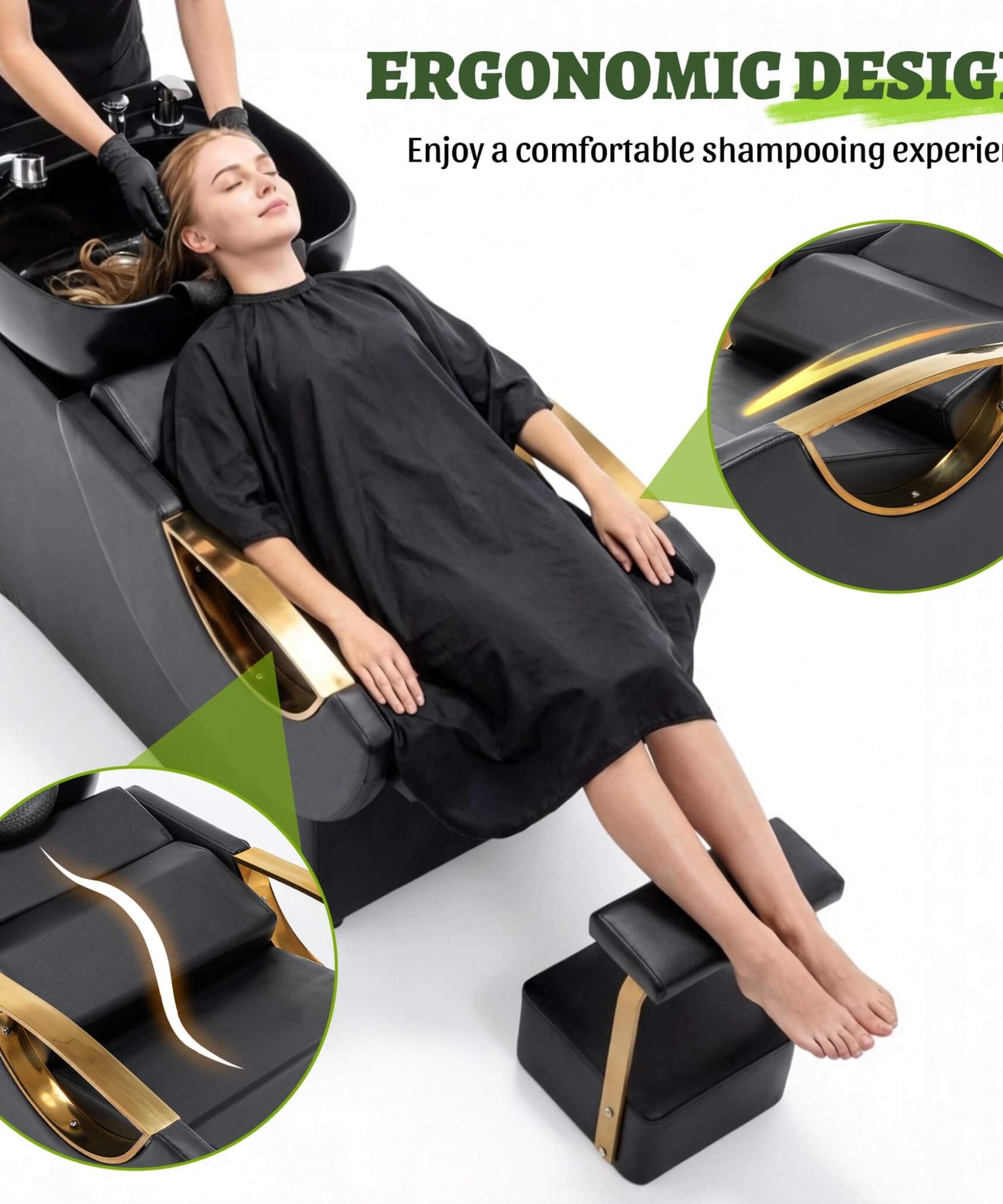 Commercial Black And Gold Shampoo Bowl Chair Set With Footrest (SAK43716)