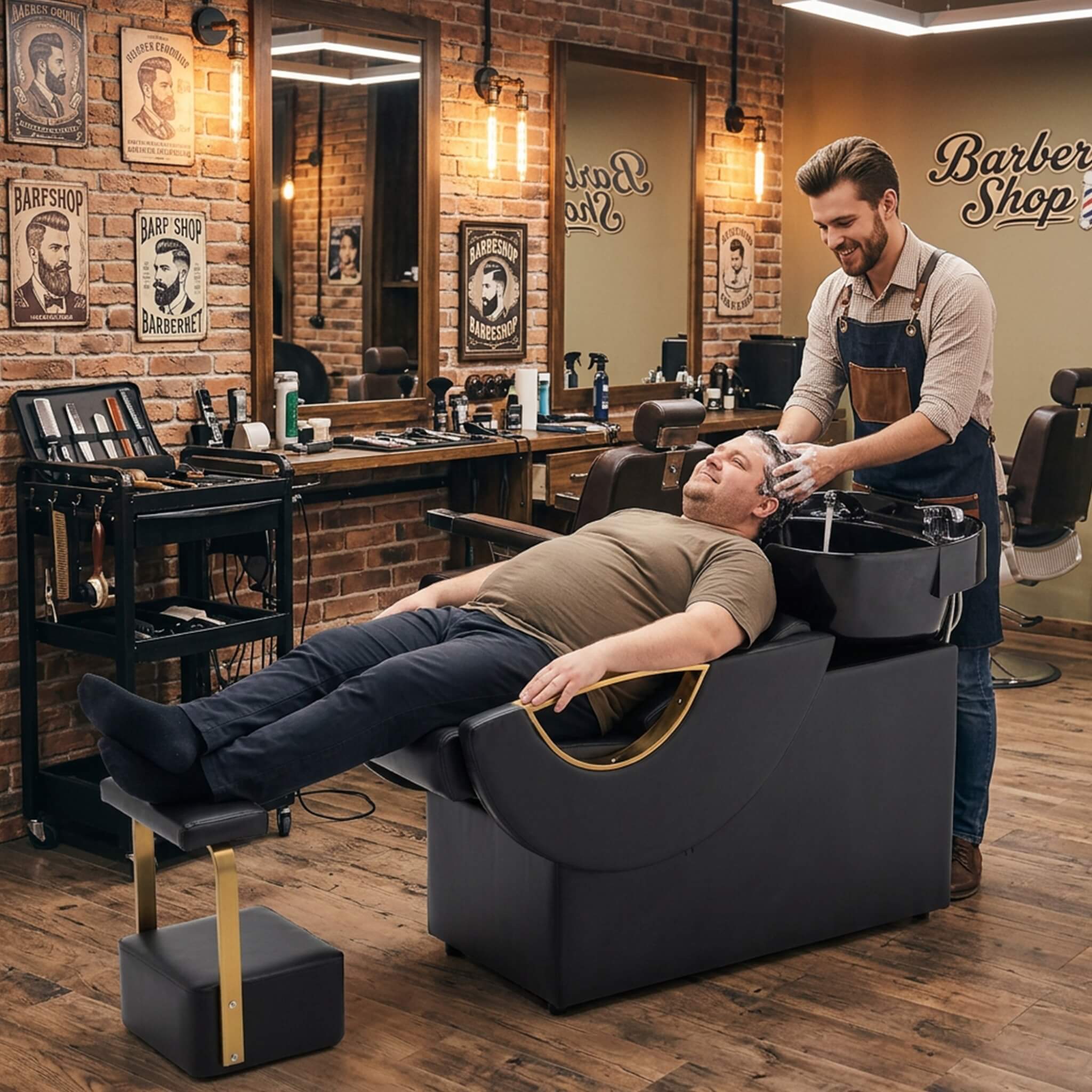 Commercial Black And Gold Shampoo Bowl Chair Set With Footrest (SAK43716)