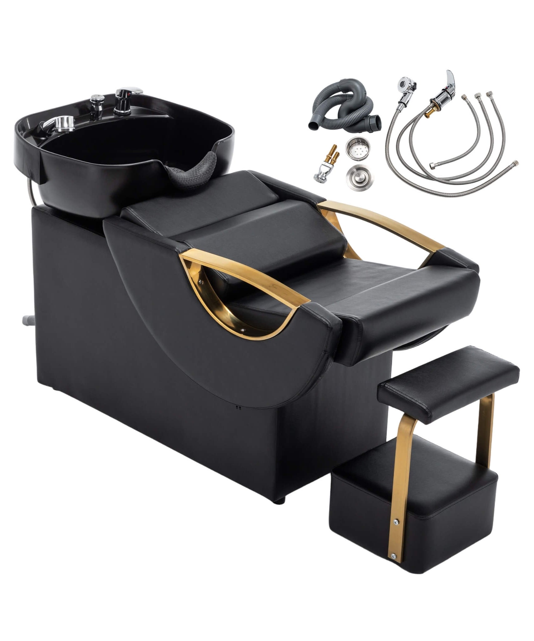 Commercial Black And Gold Shampoo Bowl Chair Set With Footrest (SAK43716)