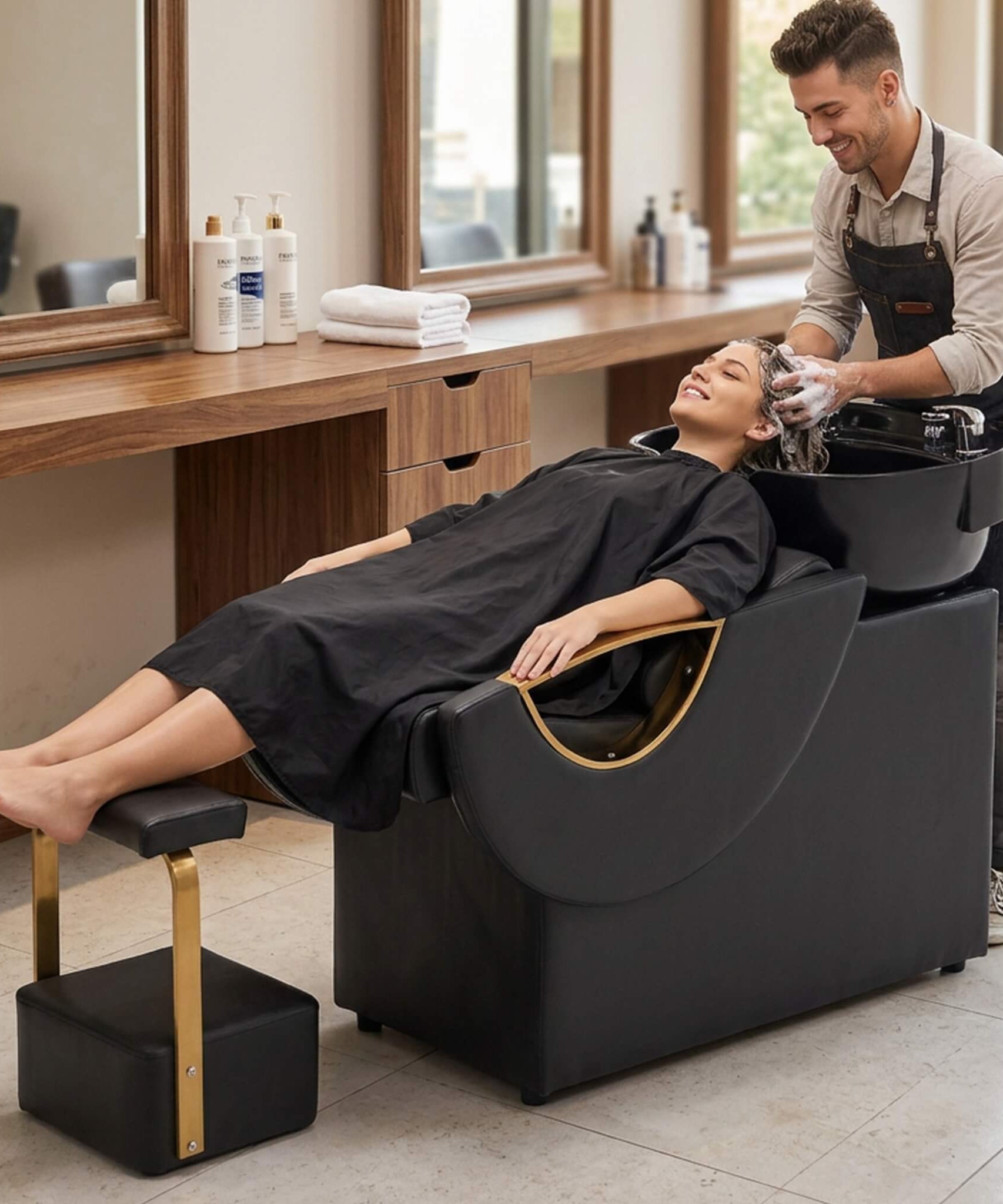 Commercial Black And Gold Shampoo Bowl Chair Set With Footrest (SAK43716)
