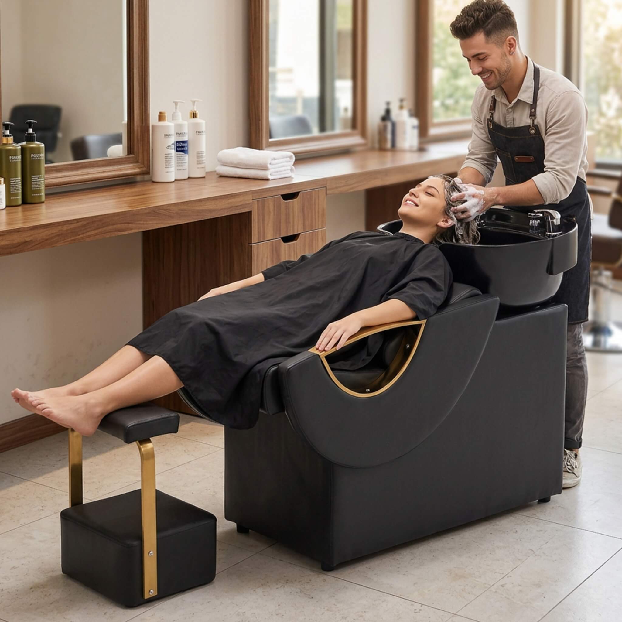 Commercial Black And Gold Shampoo Bowl Chair Set With Footrest (SAK43716)
