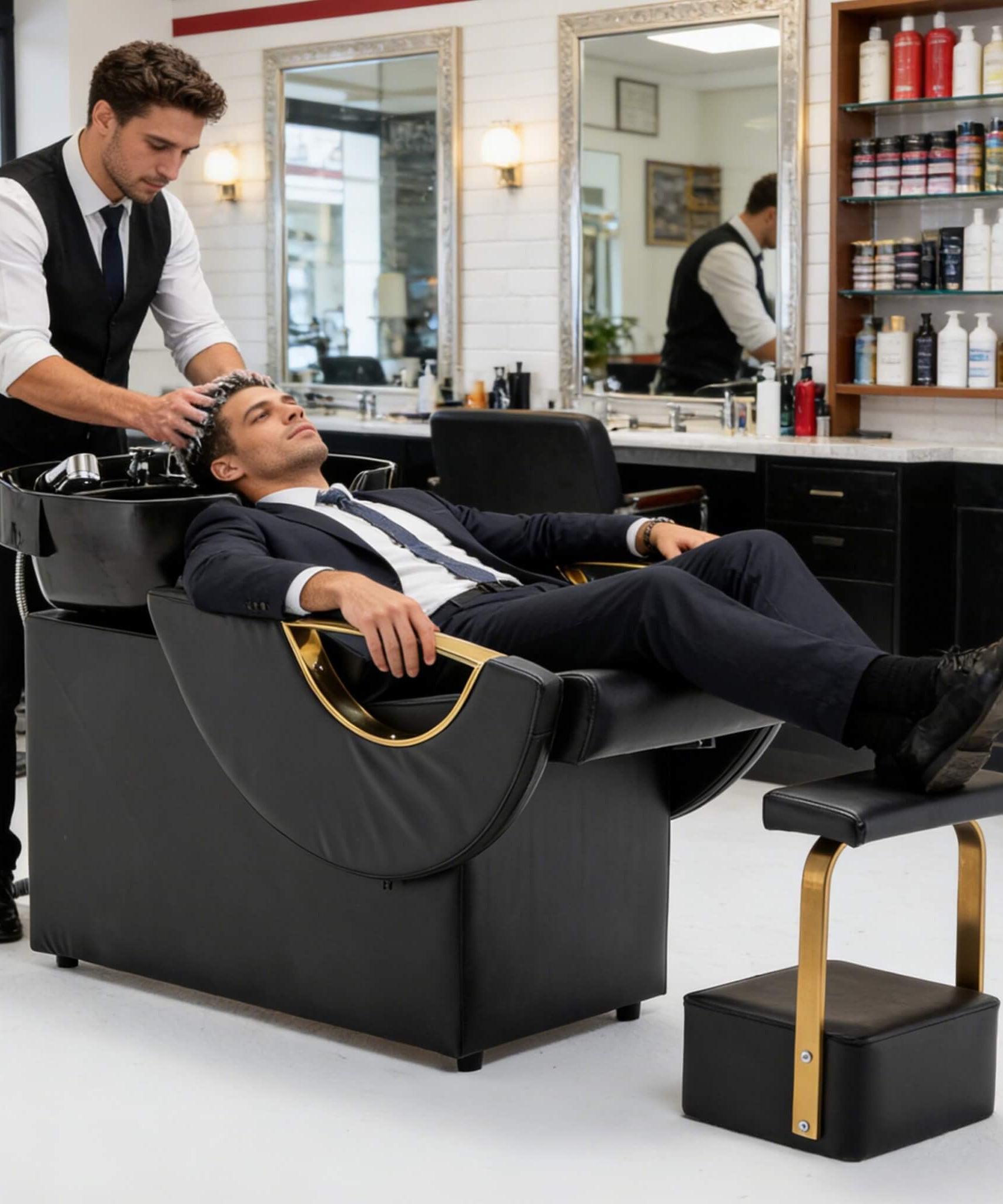 Commercial Black And Gold Shampoo Bowl Chair Set With Footrest (SAK43716)