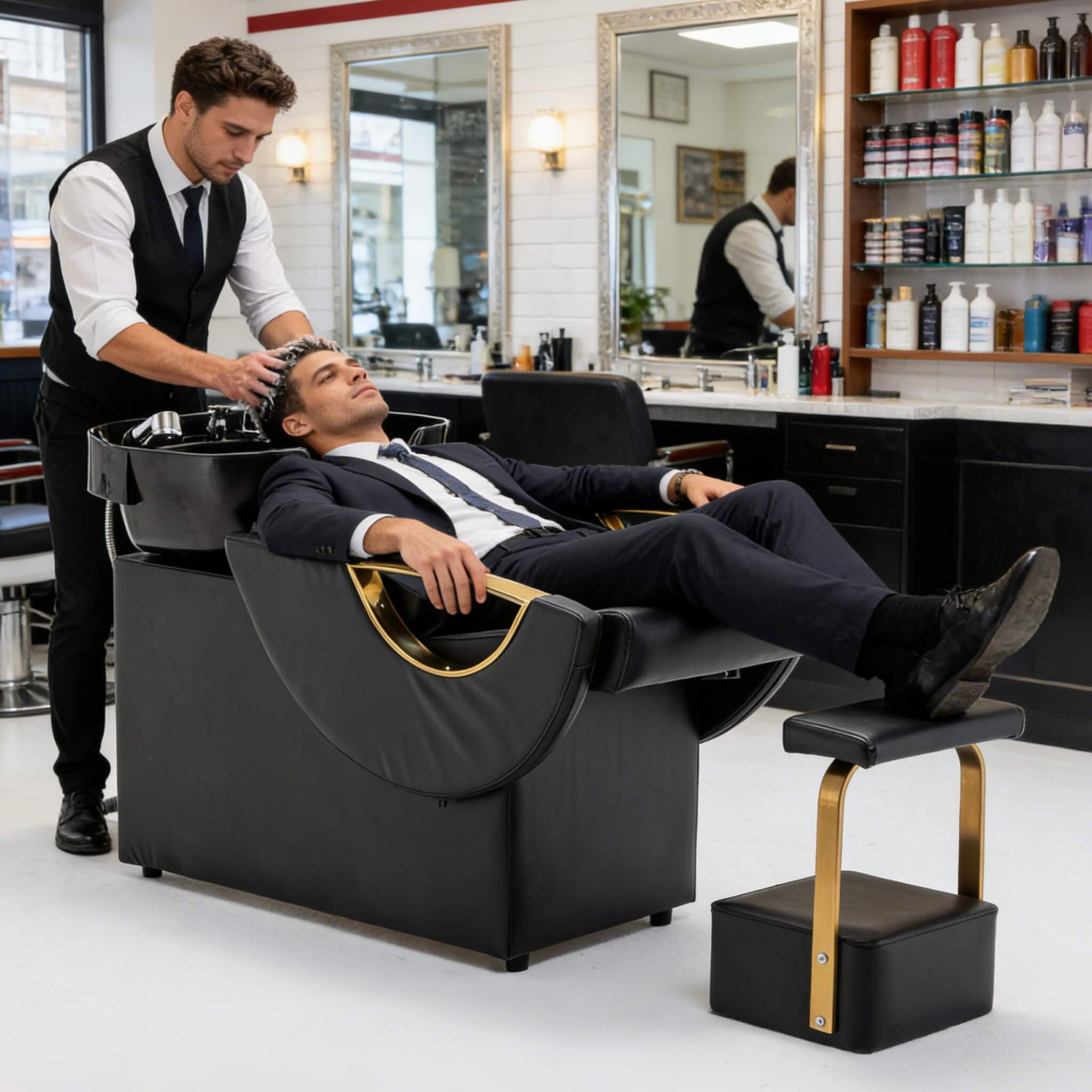Commercial Black And Gold Shampoo Bowl Chair Set With Footrest (SAK43716)