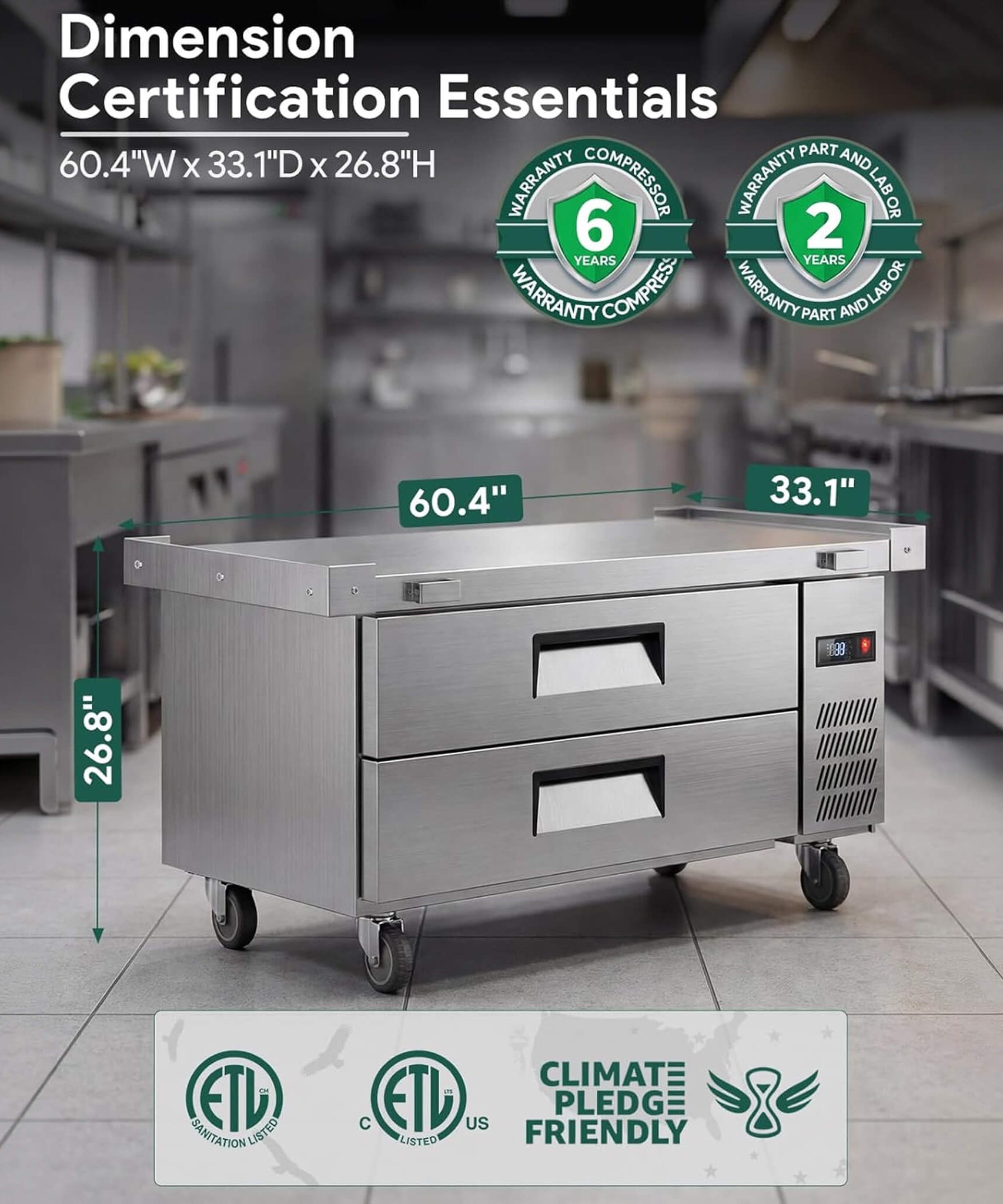 Commercial Double Drawer Undercounter Worktop Fridge With Chef Base & Wheels (SAK80596)