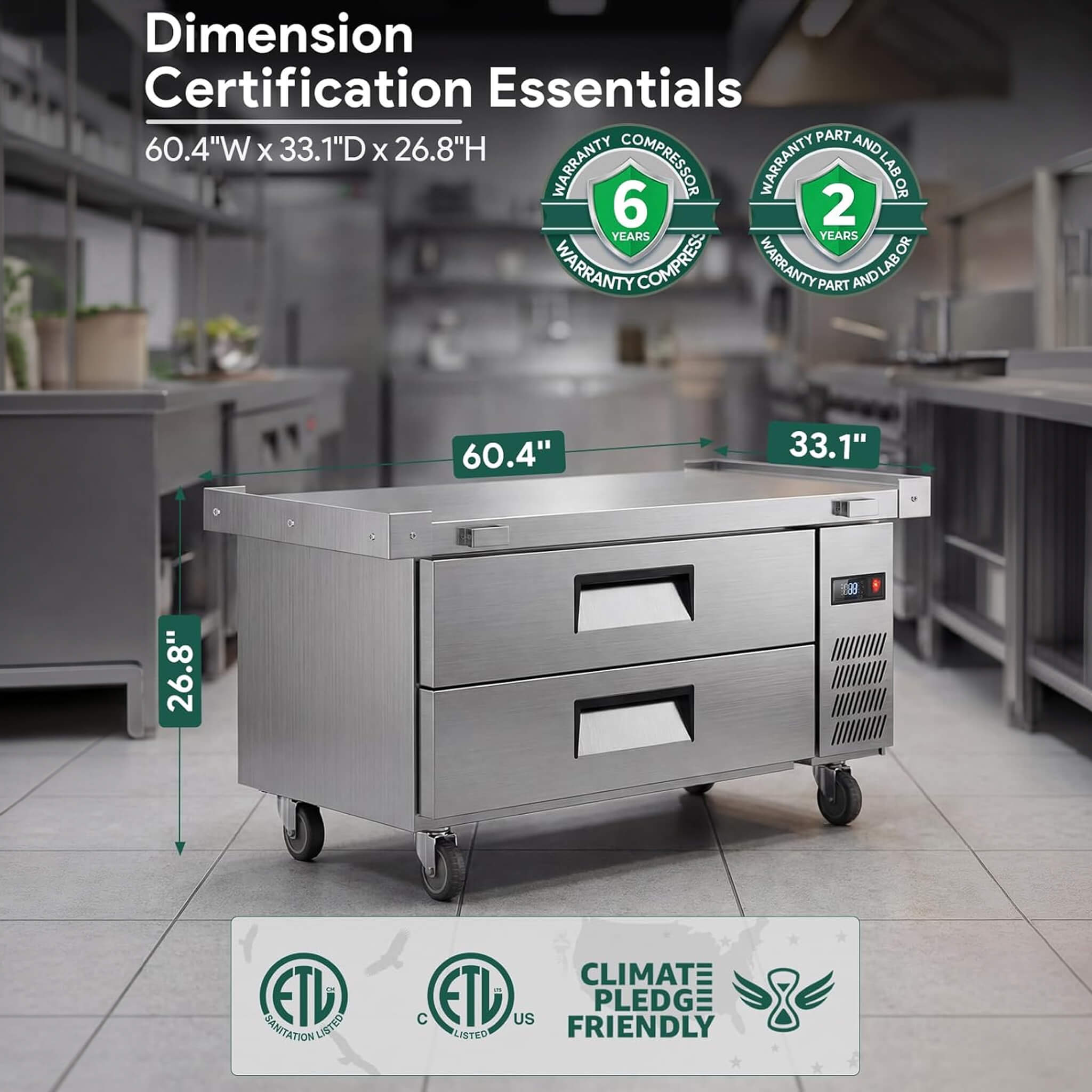 Commercial Double Drawer Undercounter Worktop Fridge With Chef Base & Wheels (SAK80596)