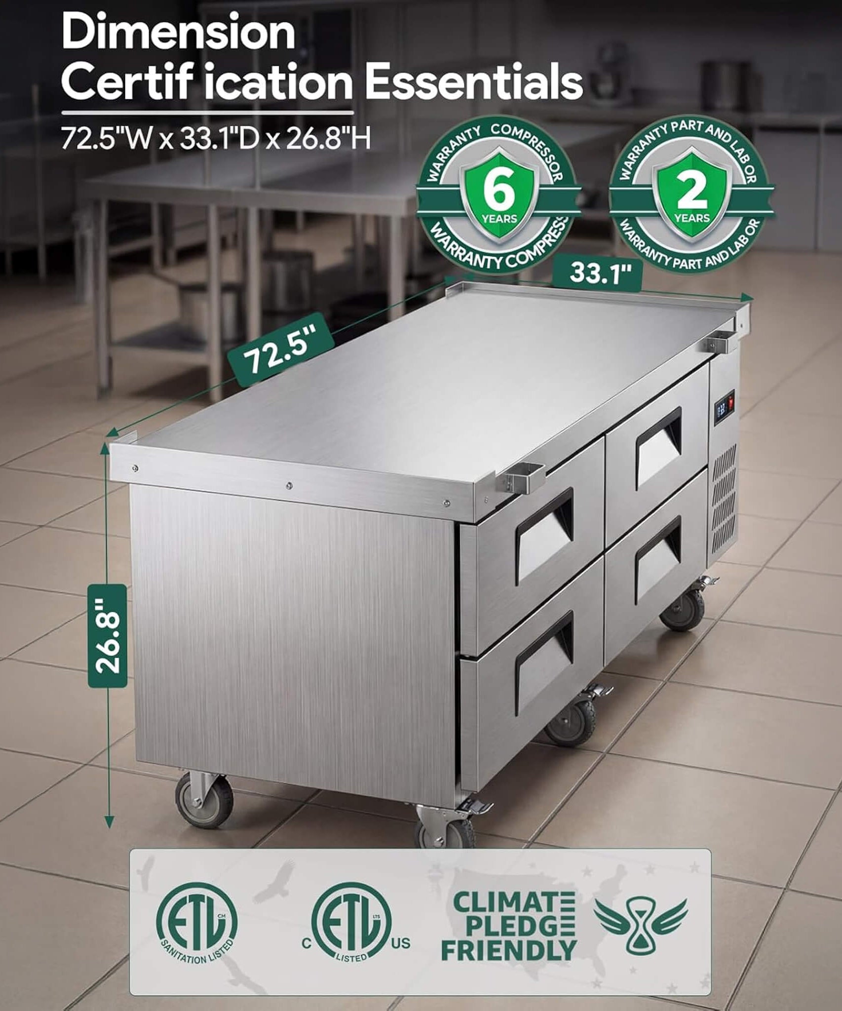 Commercial Double Drawer Undercounter Worktop Fridge With Chef Base & Wheels (SAK80596)
