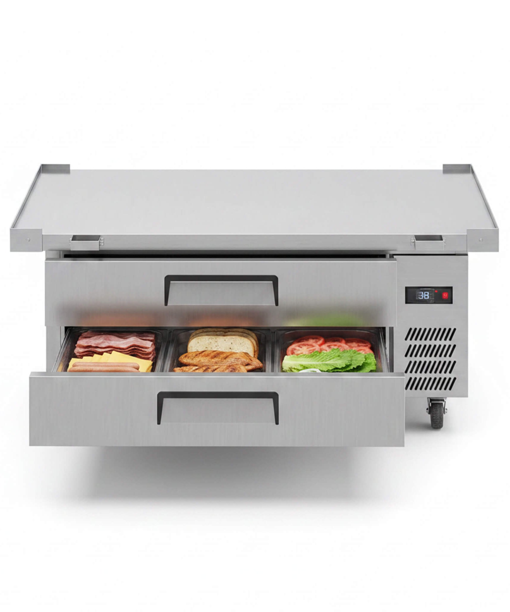 Commercial Double Drawer Undercounter Worktop Fridge With Chef Base & Wheels (SAK80596)