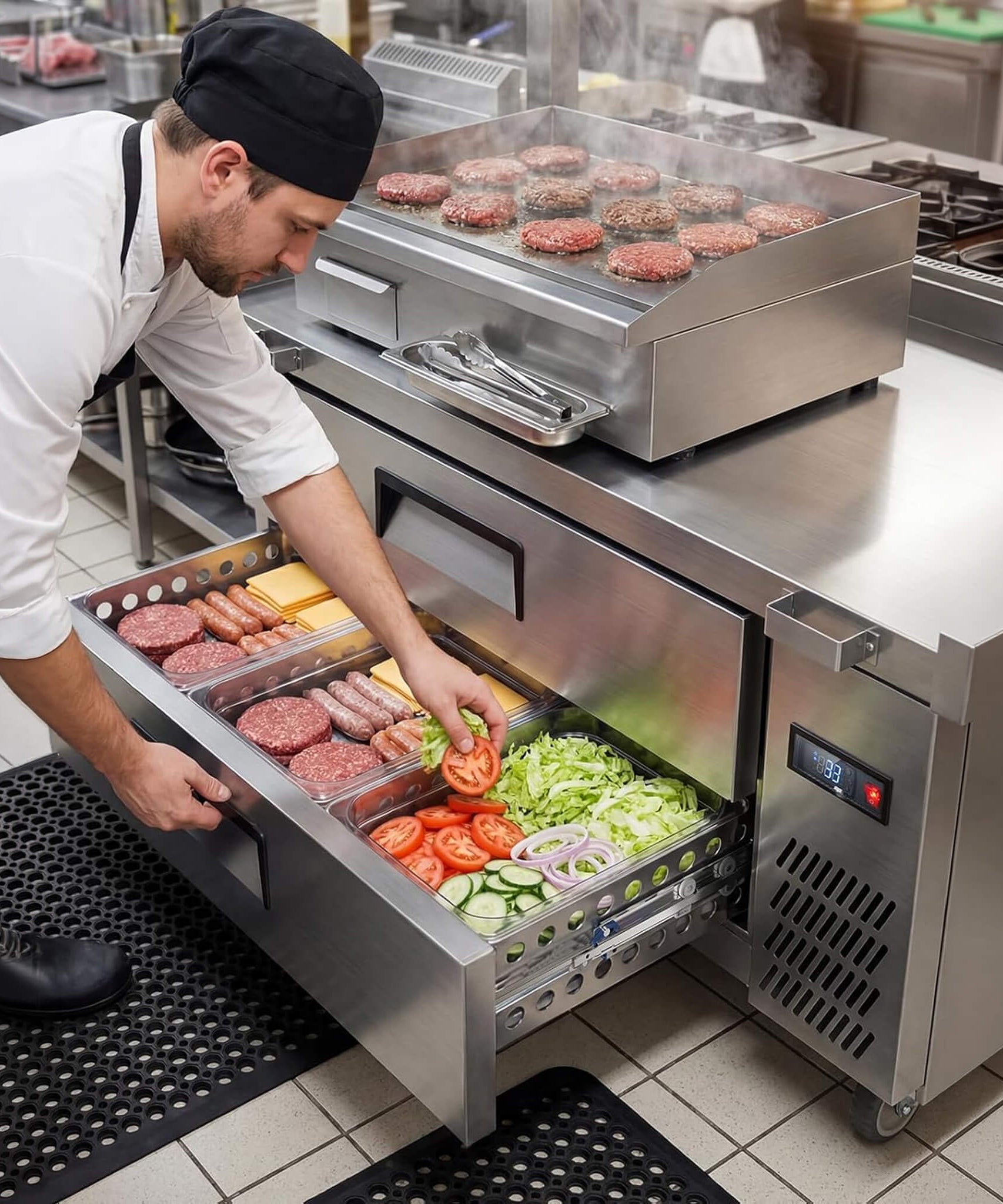 Commercial Double Drawer Undercounter Worktop Fridge With Chef Base & Wheels (SAK80596)