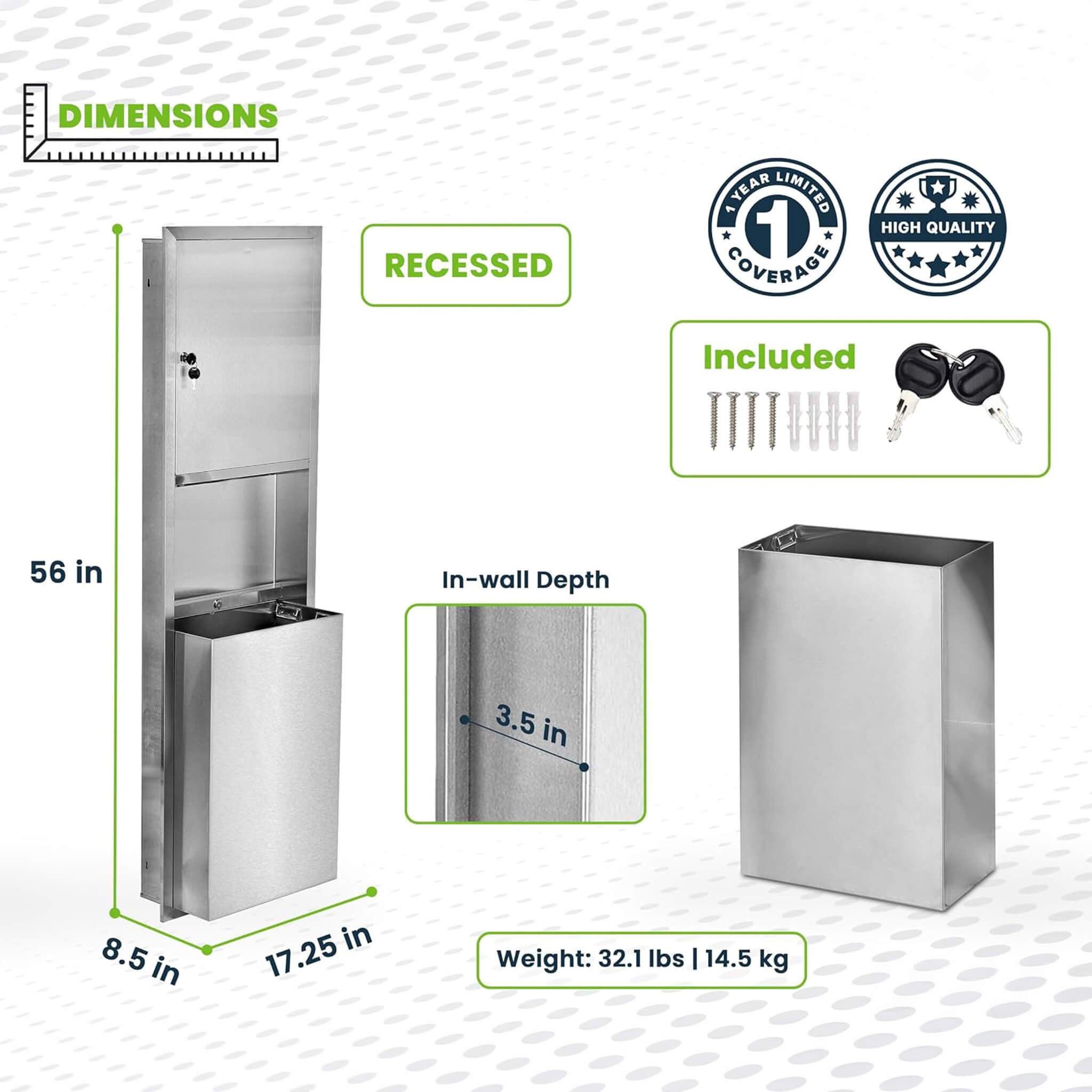 Commercial Recessed Paper Towel Dispenser With 12-Gallon Wall Trash Can (SAK49261)