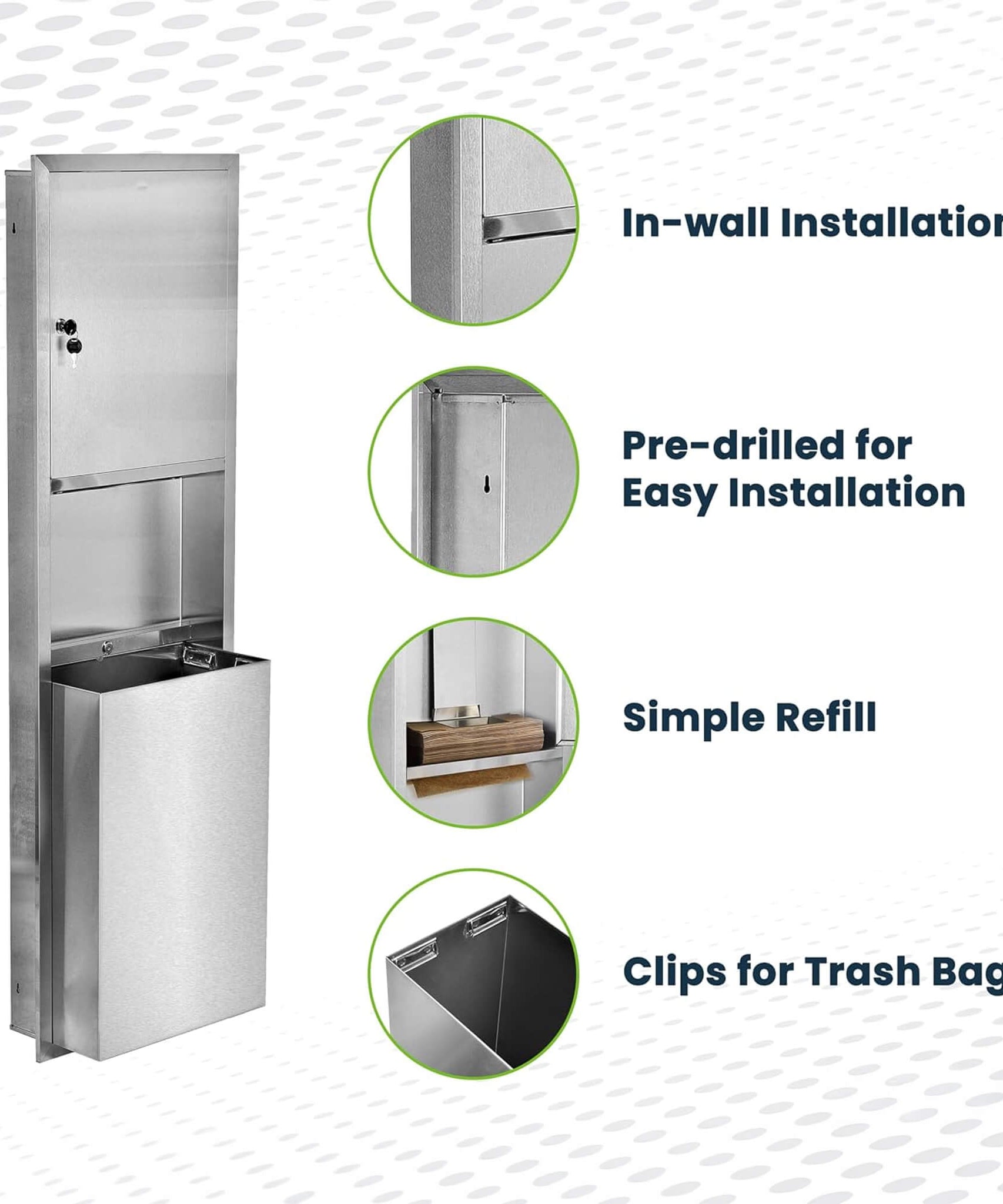 Commercial Recessed Paper Towel Dispenser With 12-Gallon Wall Trash Can (SAK49261)
