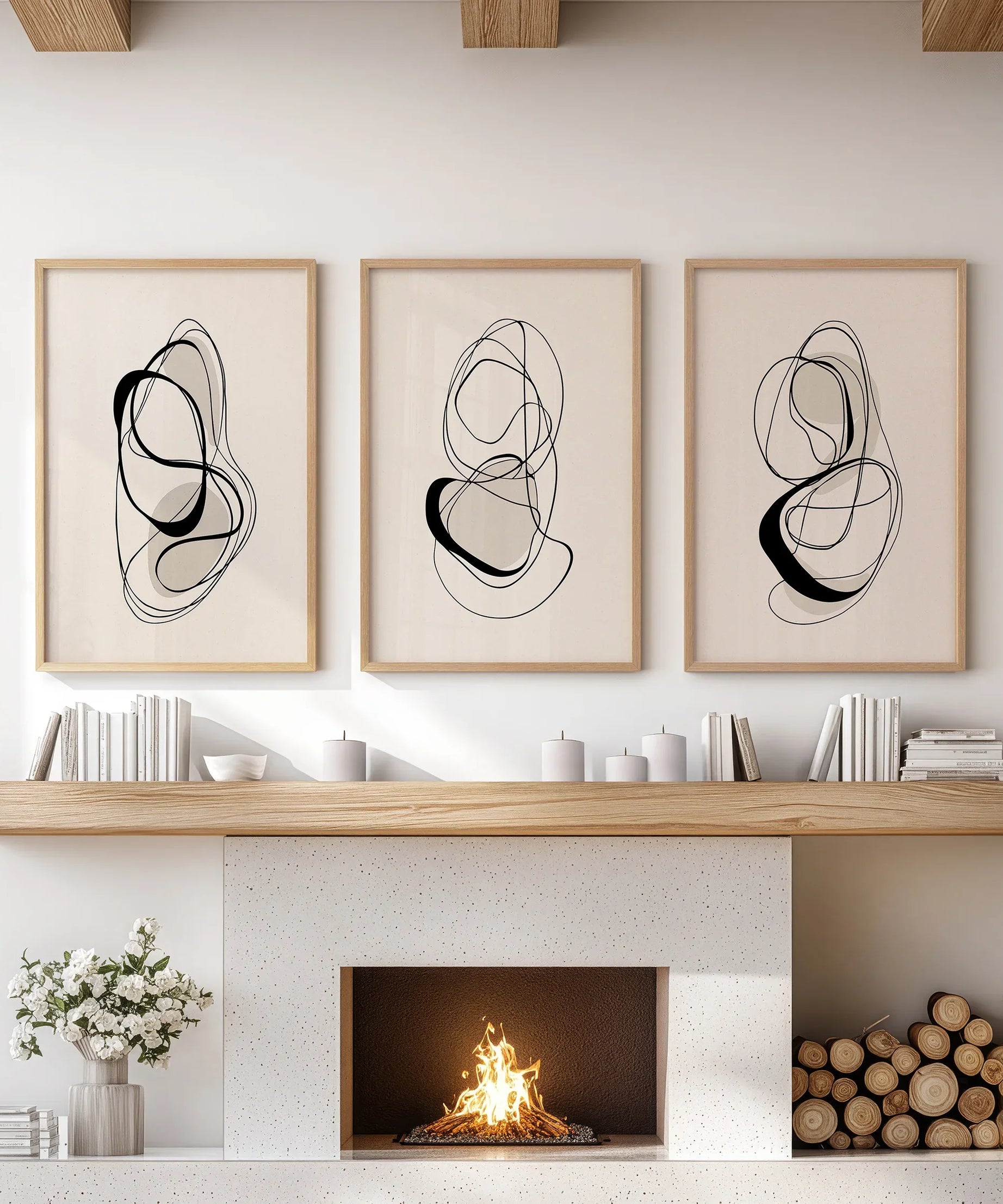 Black and Beige Abstract Set of 3 Wall Art. Minimalist Lines