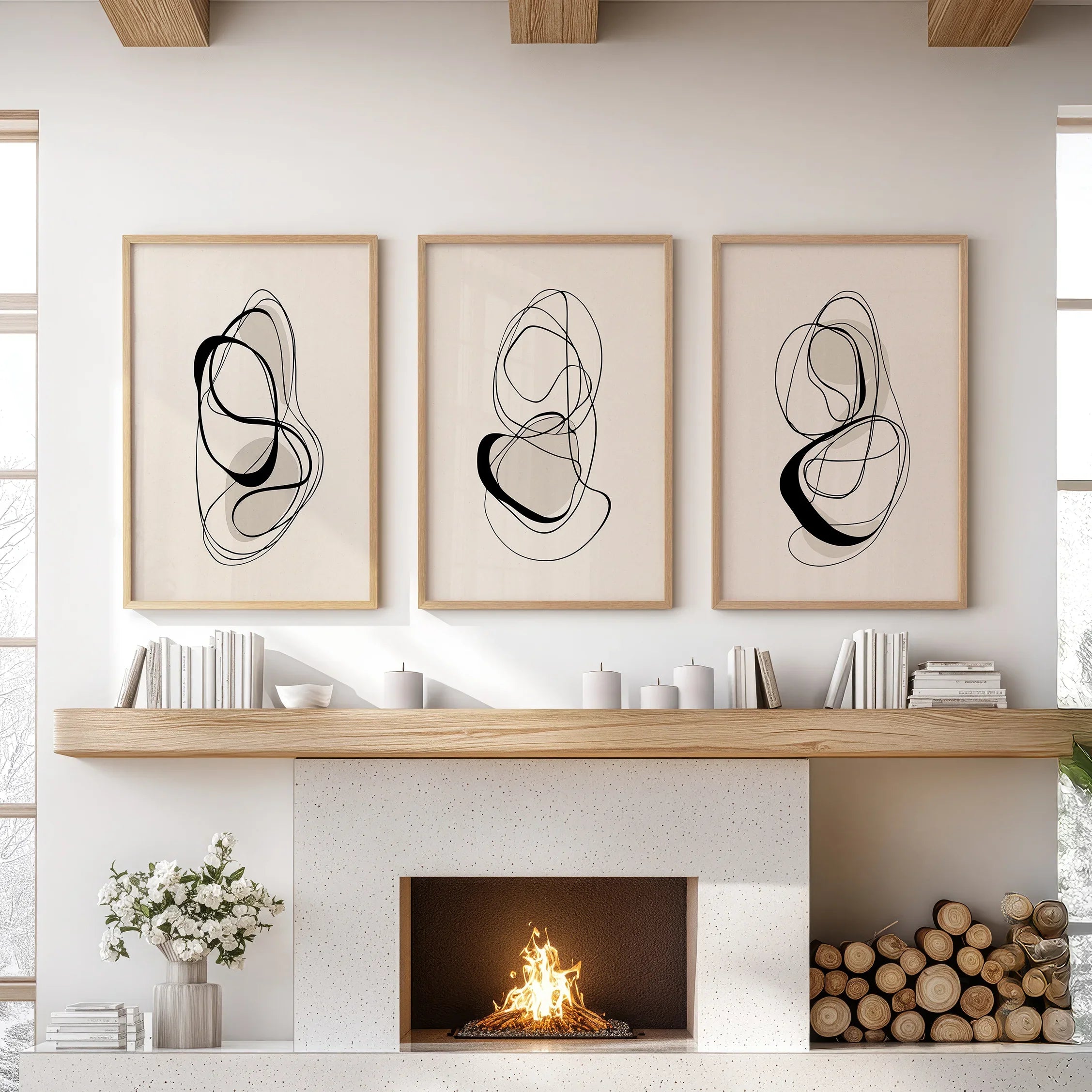 Black and Beige Abstract Set of 3 Wall Art. Minimalist Lines