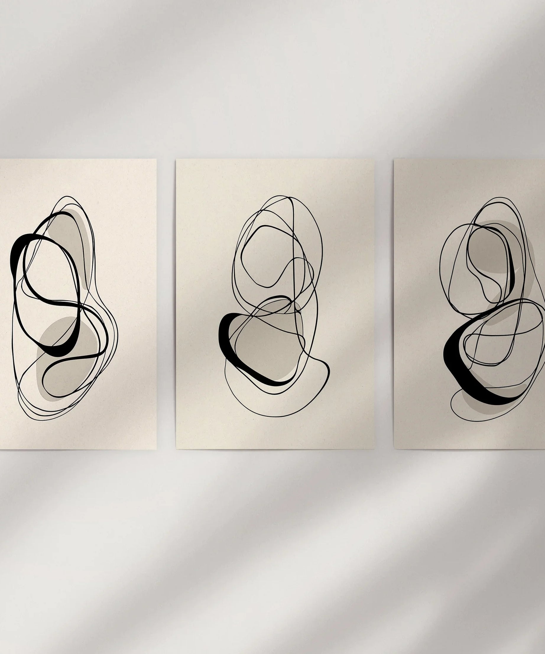Black and Beige Abstract Set of 3 Wall Art. Minimalist Lines