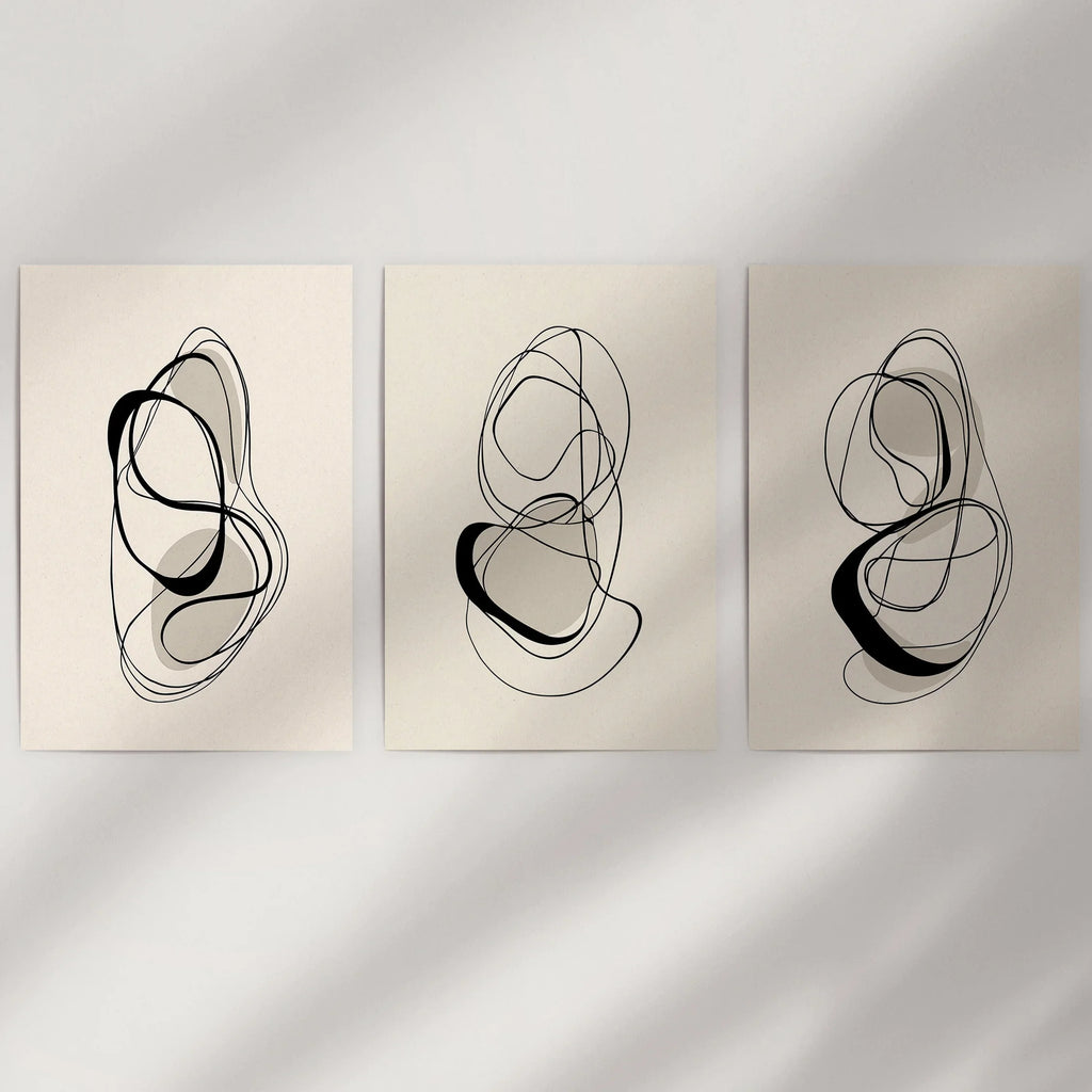 Black and Beige Abstract Set of 3 Wall Art. Minimalist Lines
