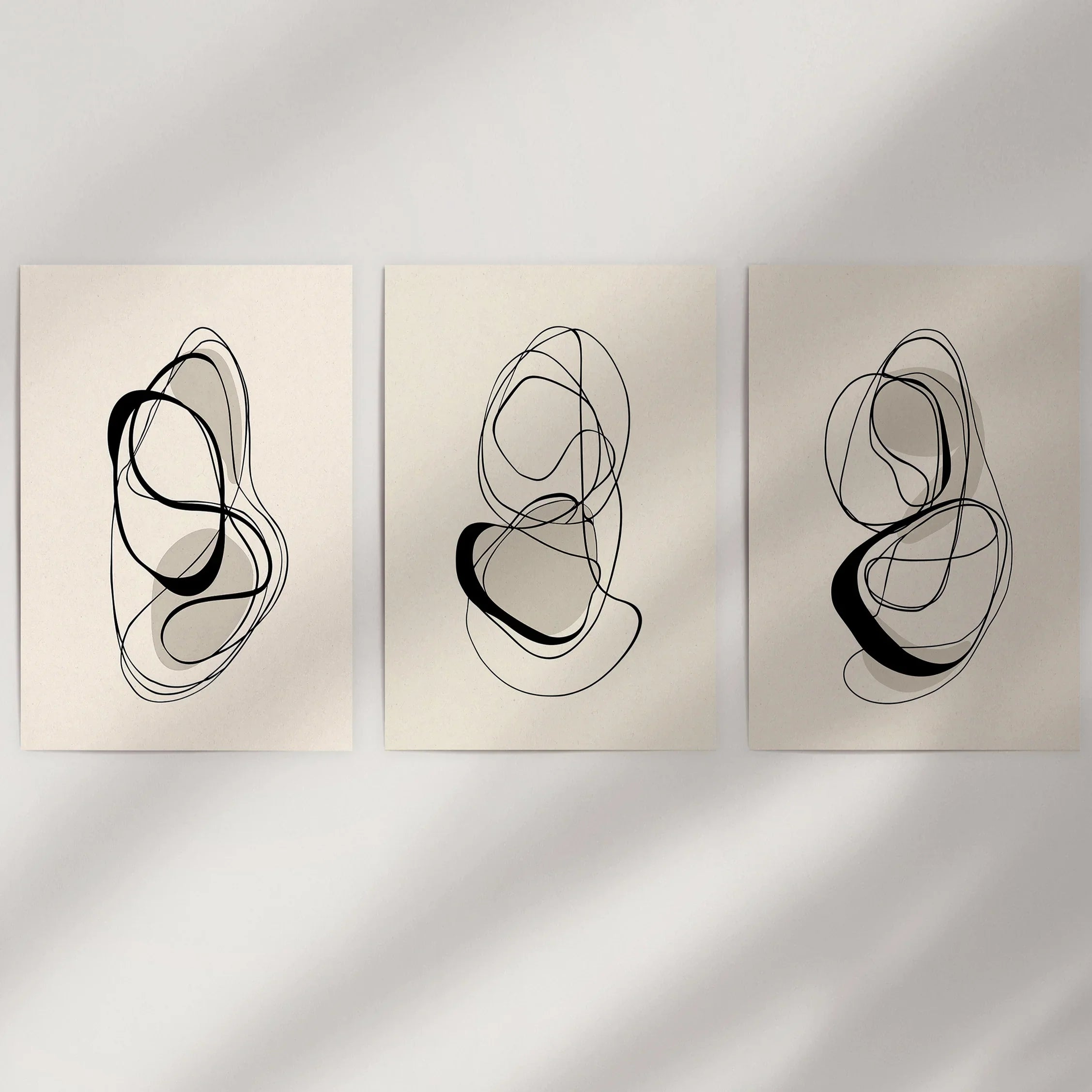 Black and Beige Abstract Set of 3 Wall Art. Minimalist Lines