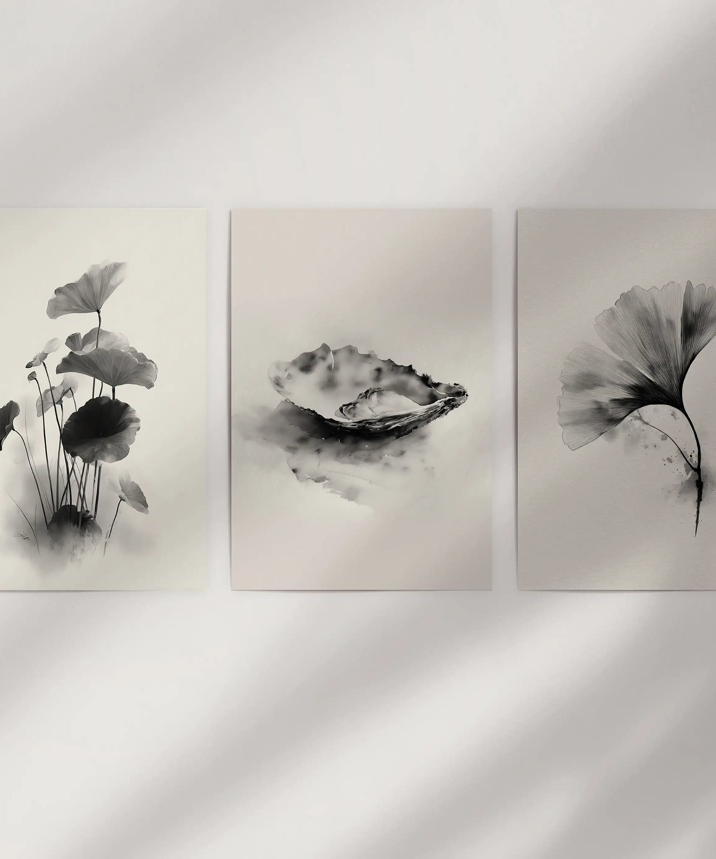 Minimalist Japanese Set of 3 Prints. Black and White Flowers Decor