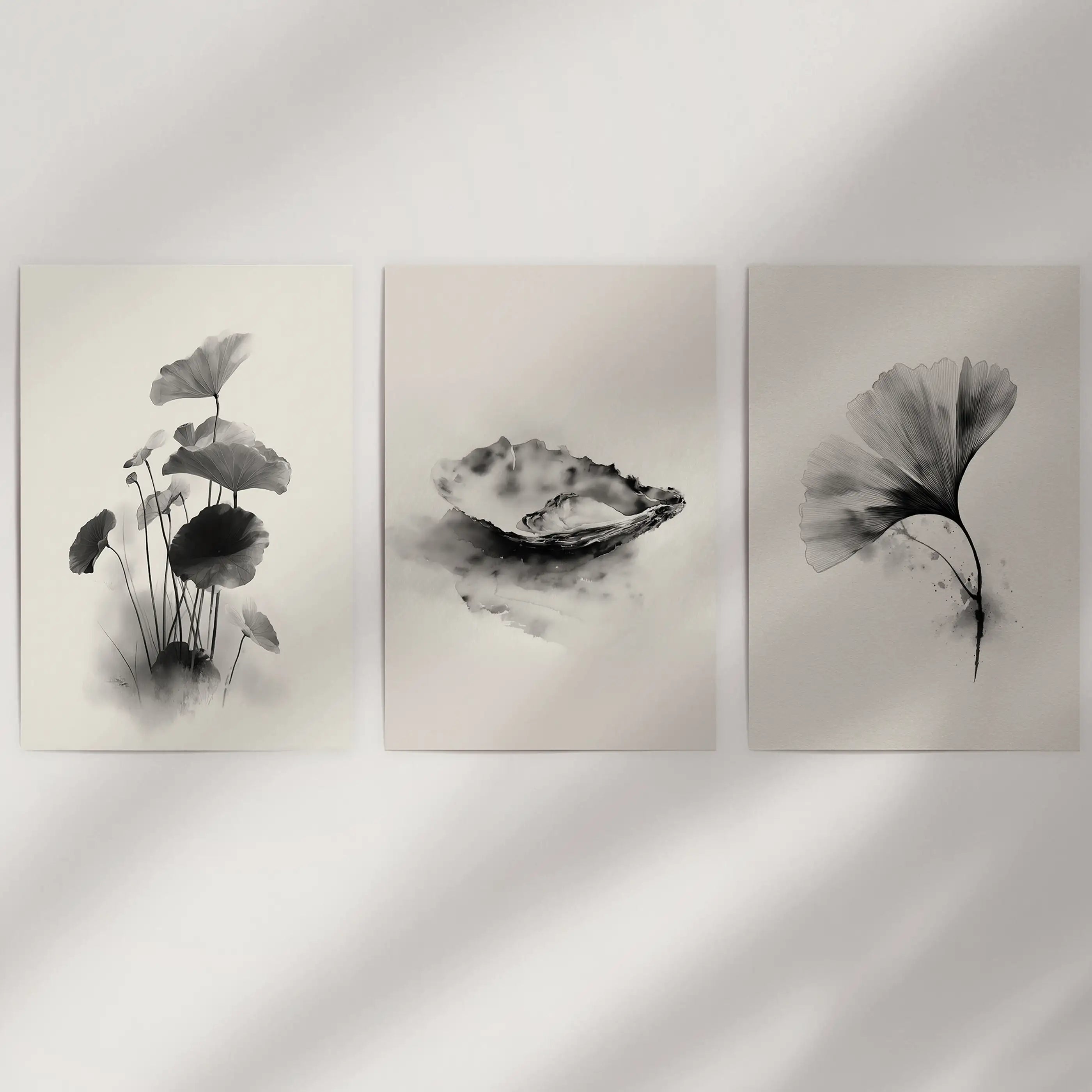 Minimalist Japanese Set of 3 Prints. Black and White Flowers Decor