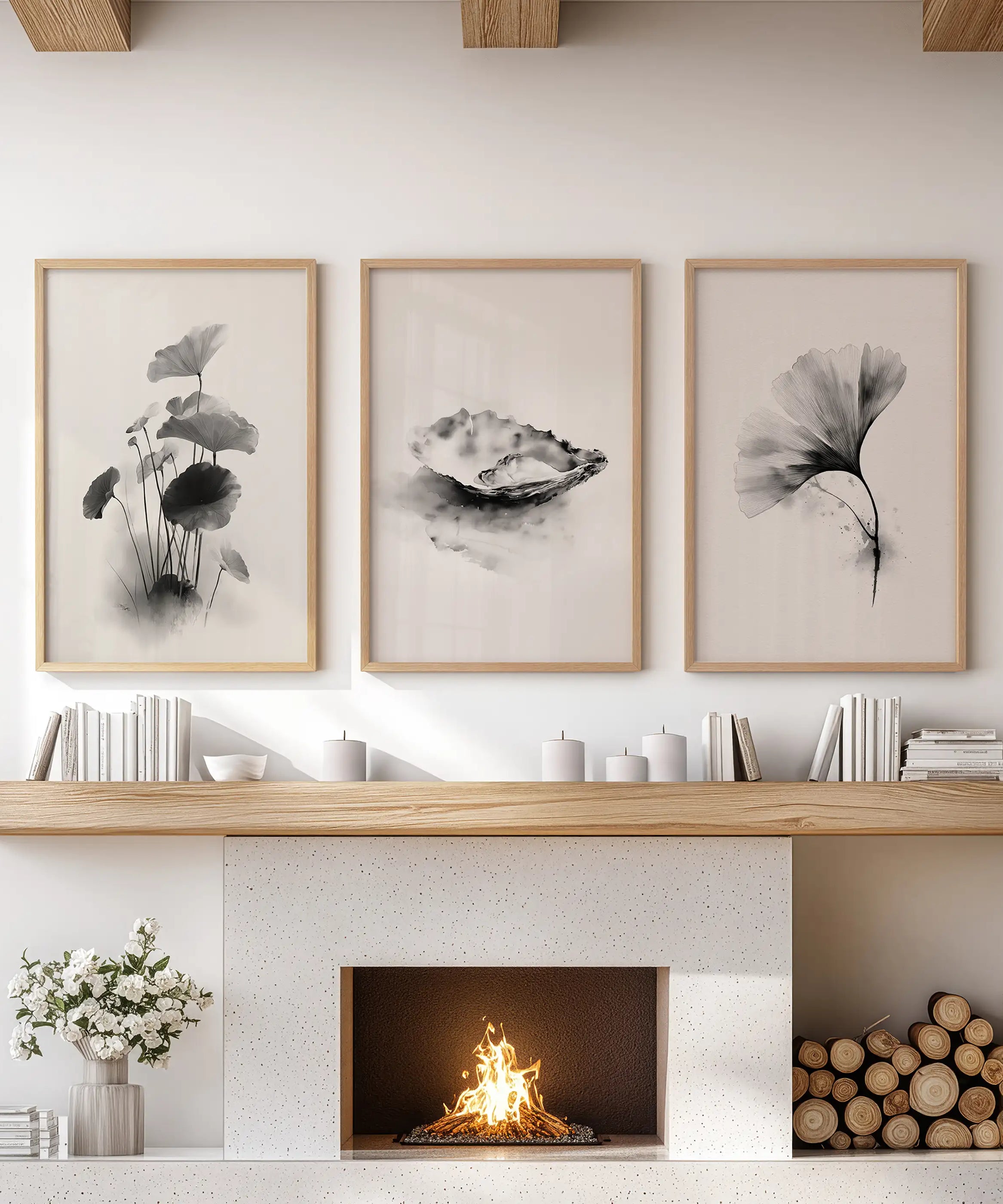 Minimalist Japanese Set of 3 Prints. Black and White Flowers Decor
