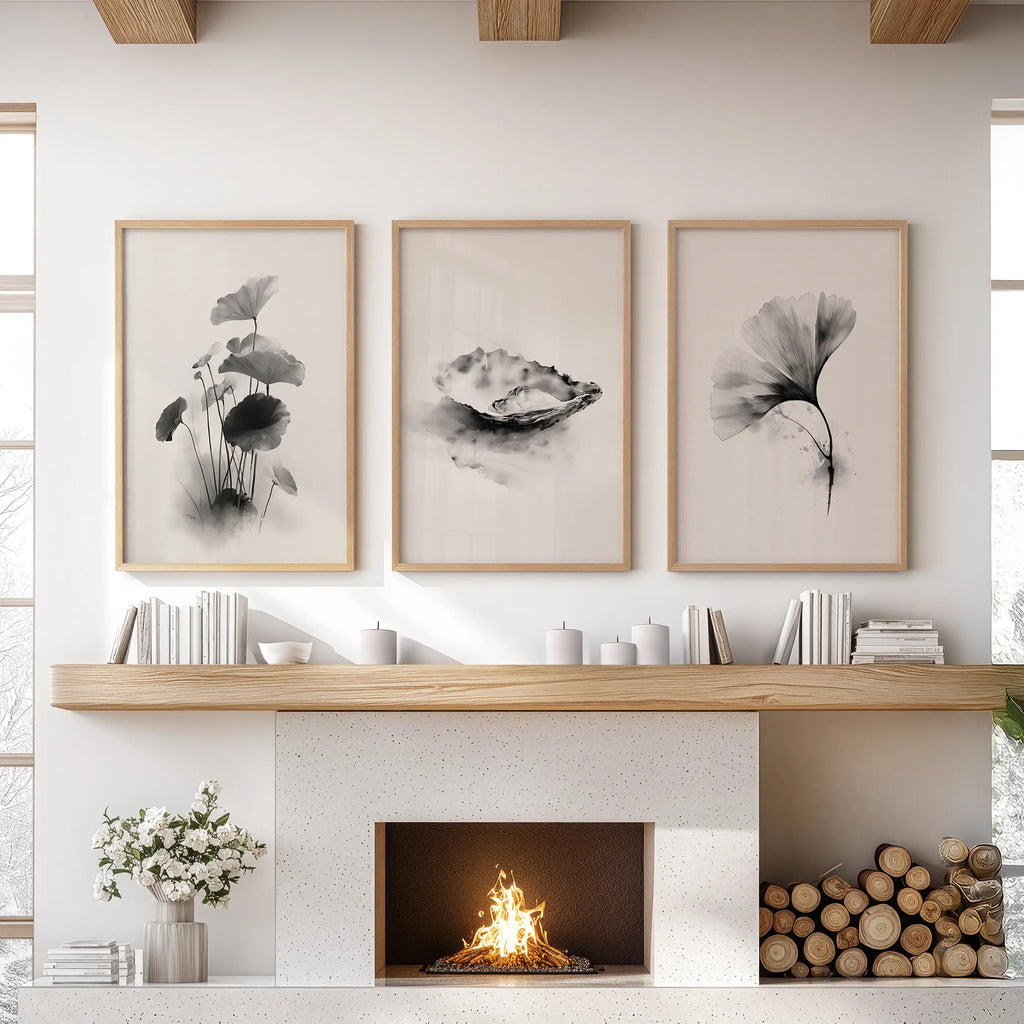 Minimalist Japanese Set of 3 Prints. Black and White Flowers Decor