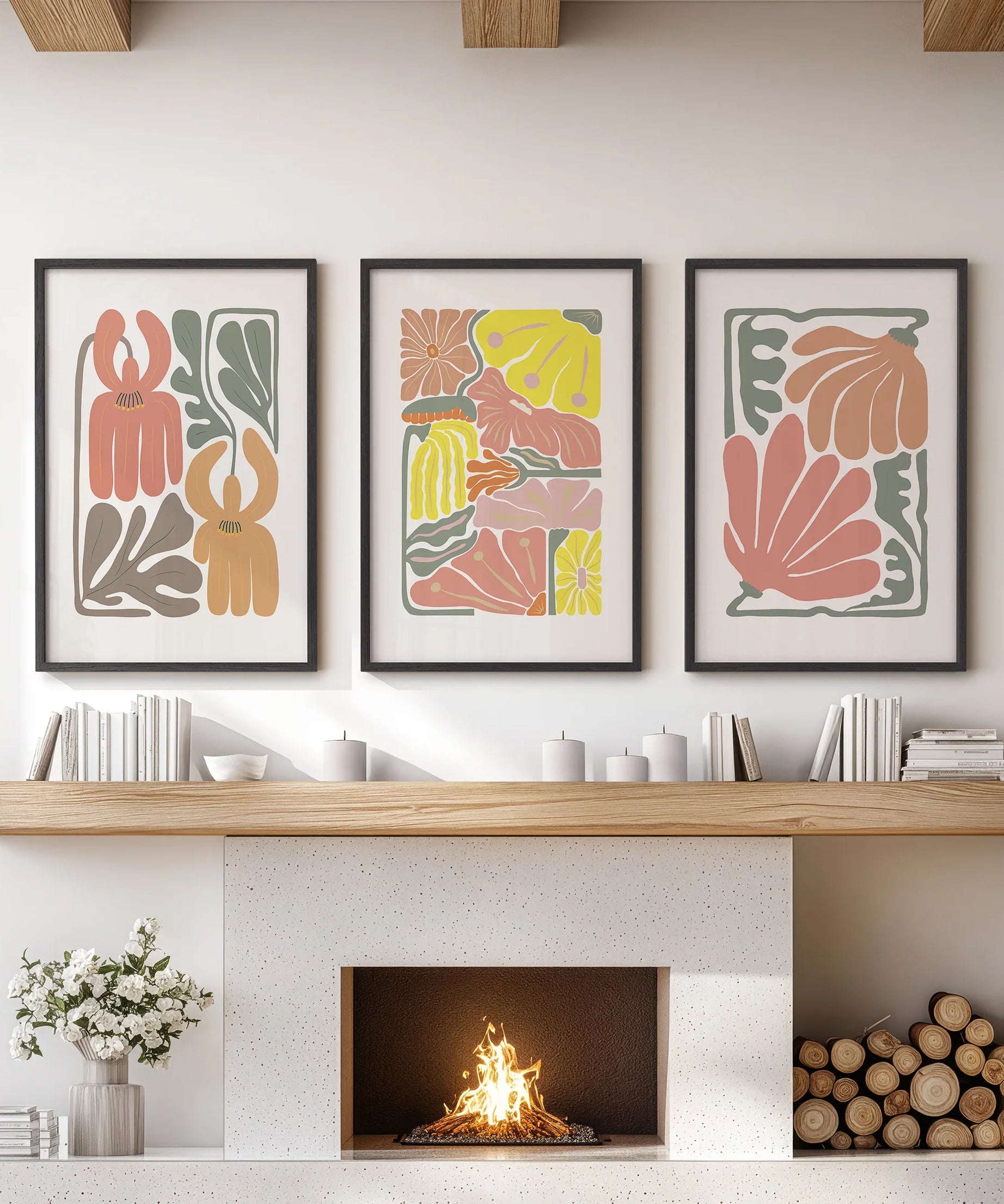 Boho Chic Botanical Decor. Set of 3 Abstract Flowers Prints