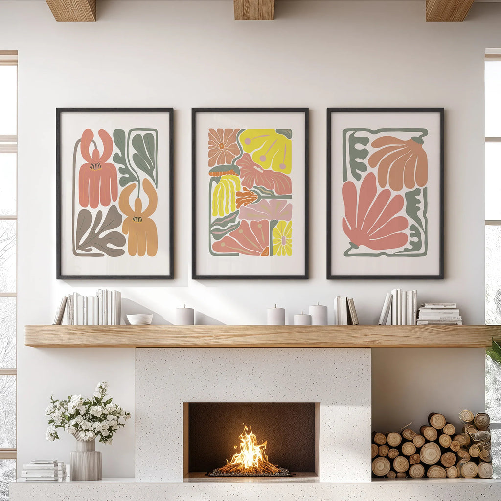 Boho Chic Botanical Decor. Set of 3 Abstract Flowers Prints