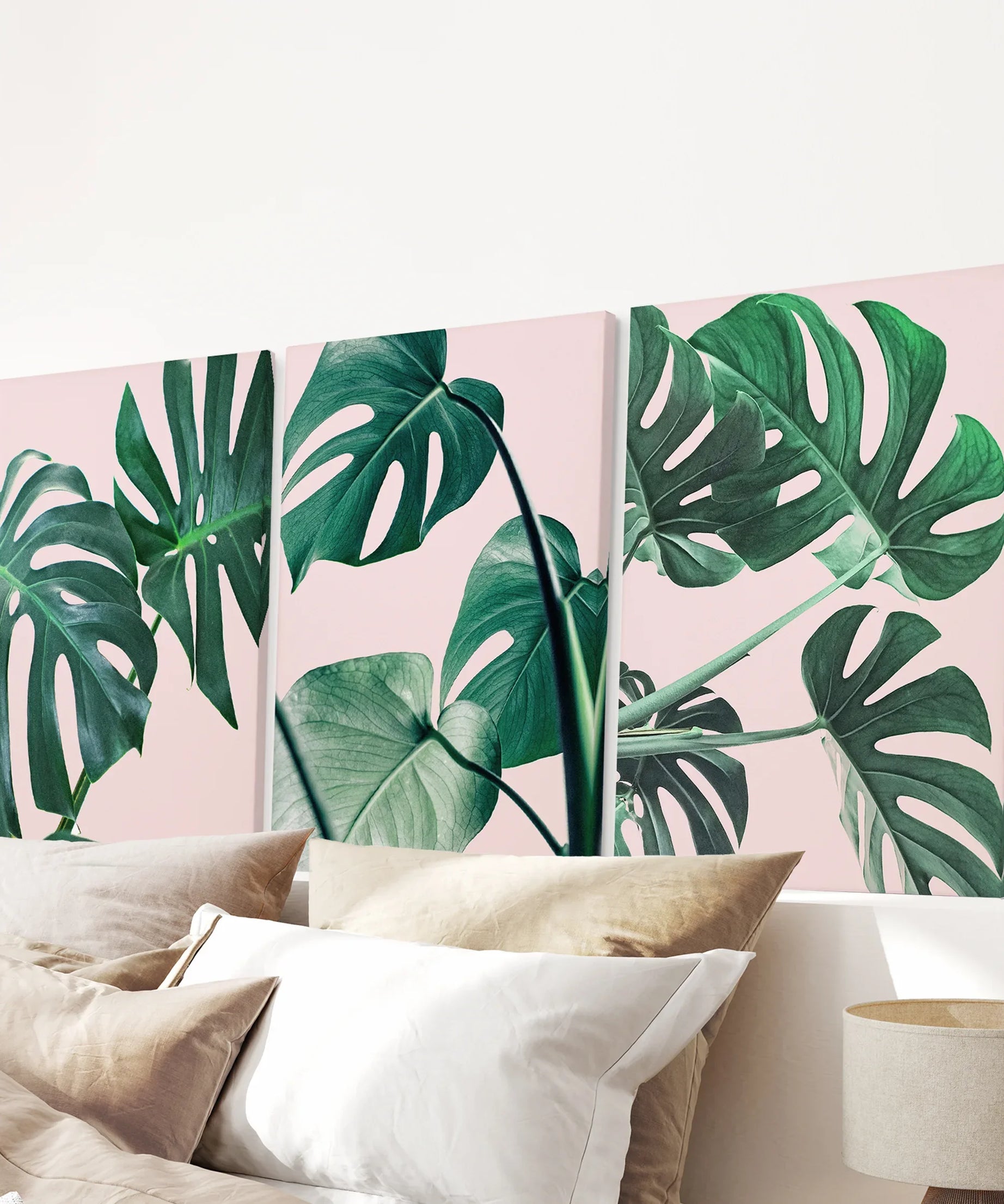 Pink Botanical 3 Piece Wall Art. Green Monstera Leaves Print