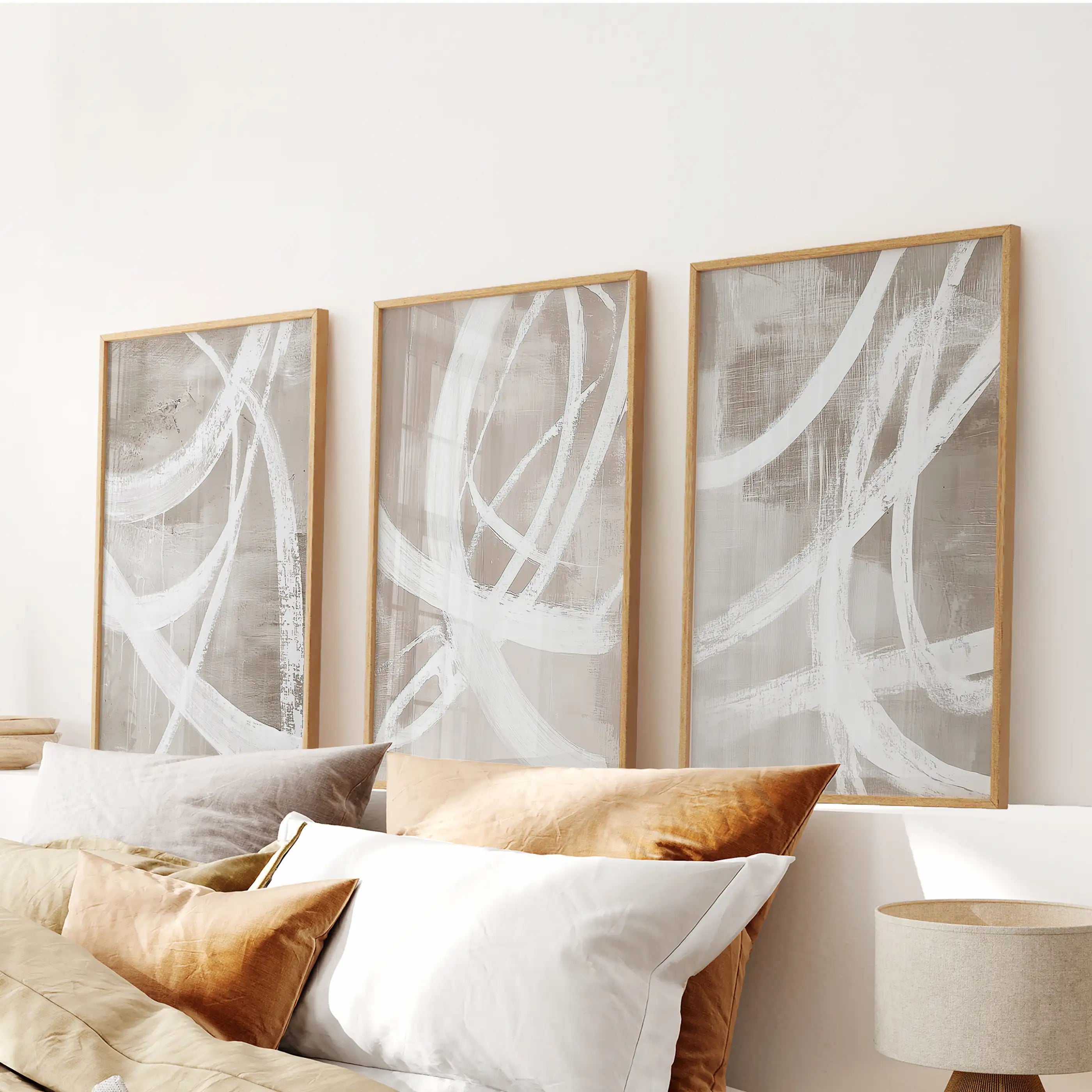 Modern Minimalist Abstract Triptych. Neutral Brush Stroke Art