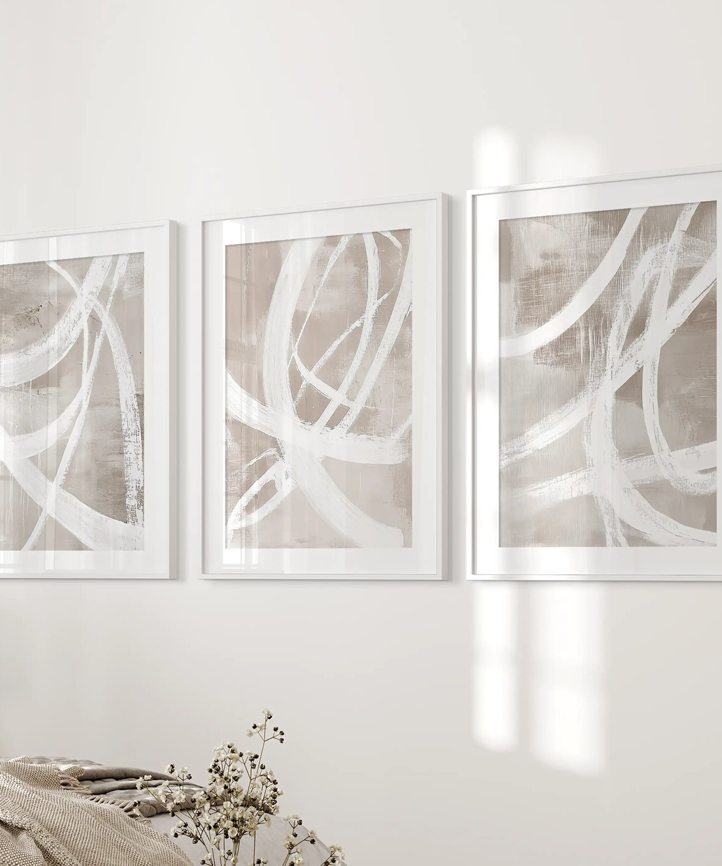 Modern Minimalist Abstract Triptych. Neutral Brush Stroke Art